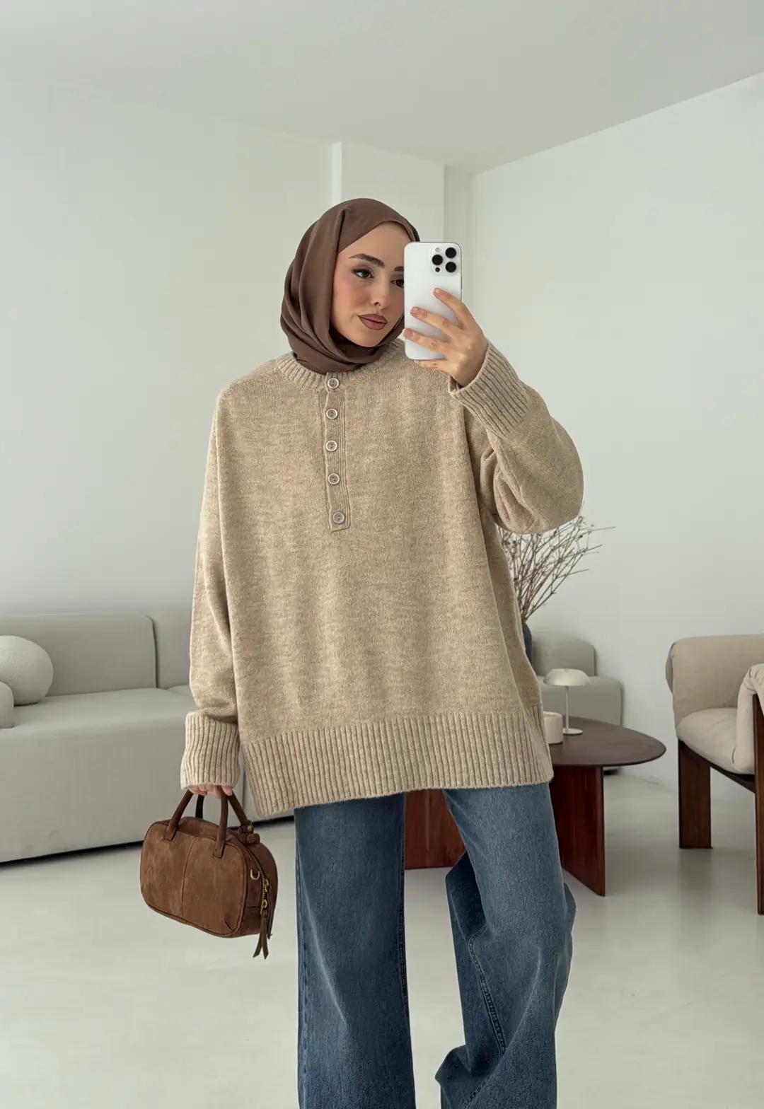 Yarım Düğmeli Triko Kazak Bej