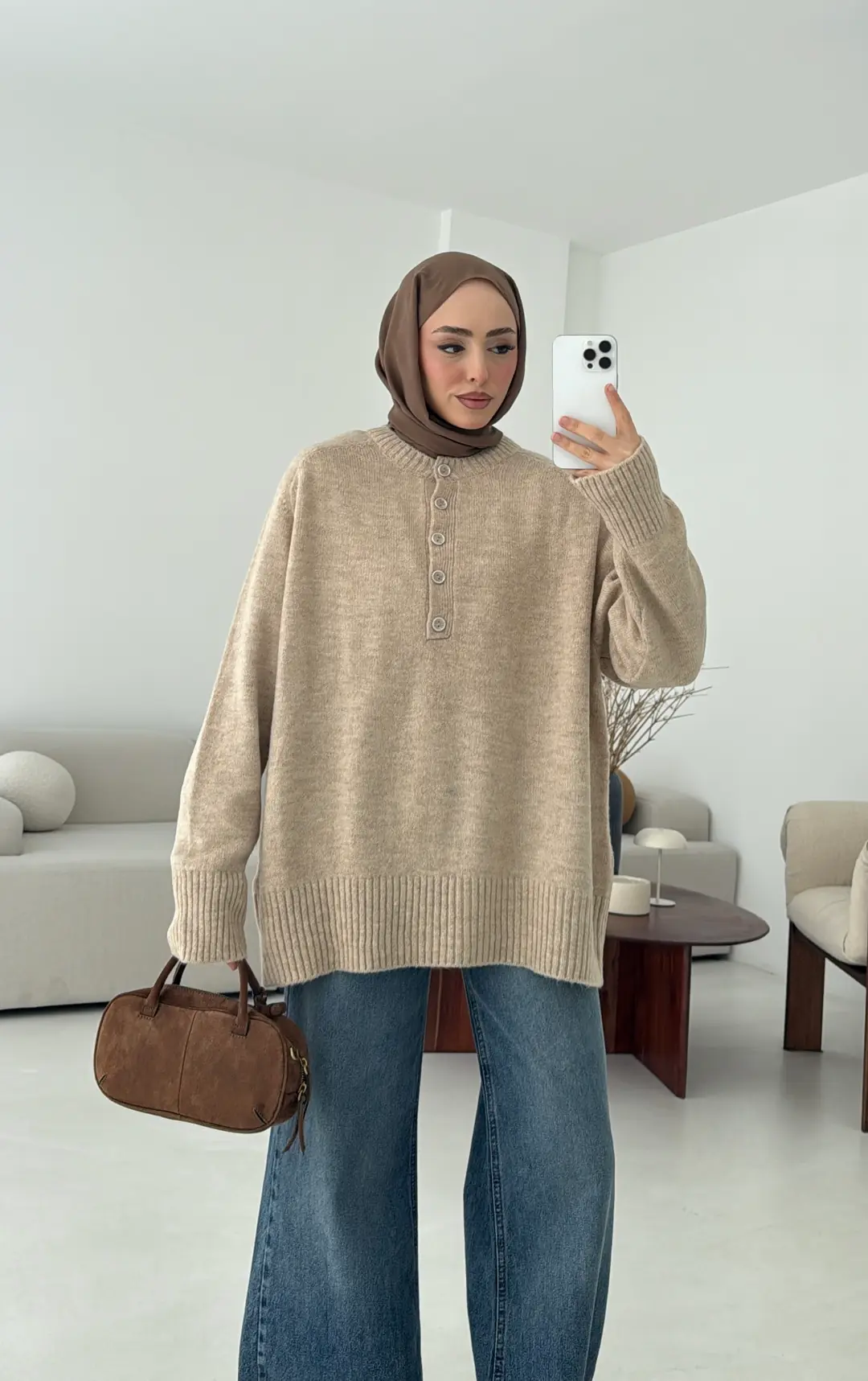 Yarım Düğmeli Triko Kazak Bej - Görsel 6