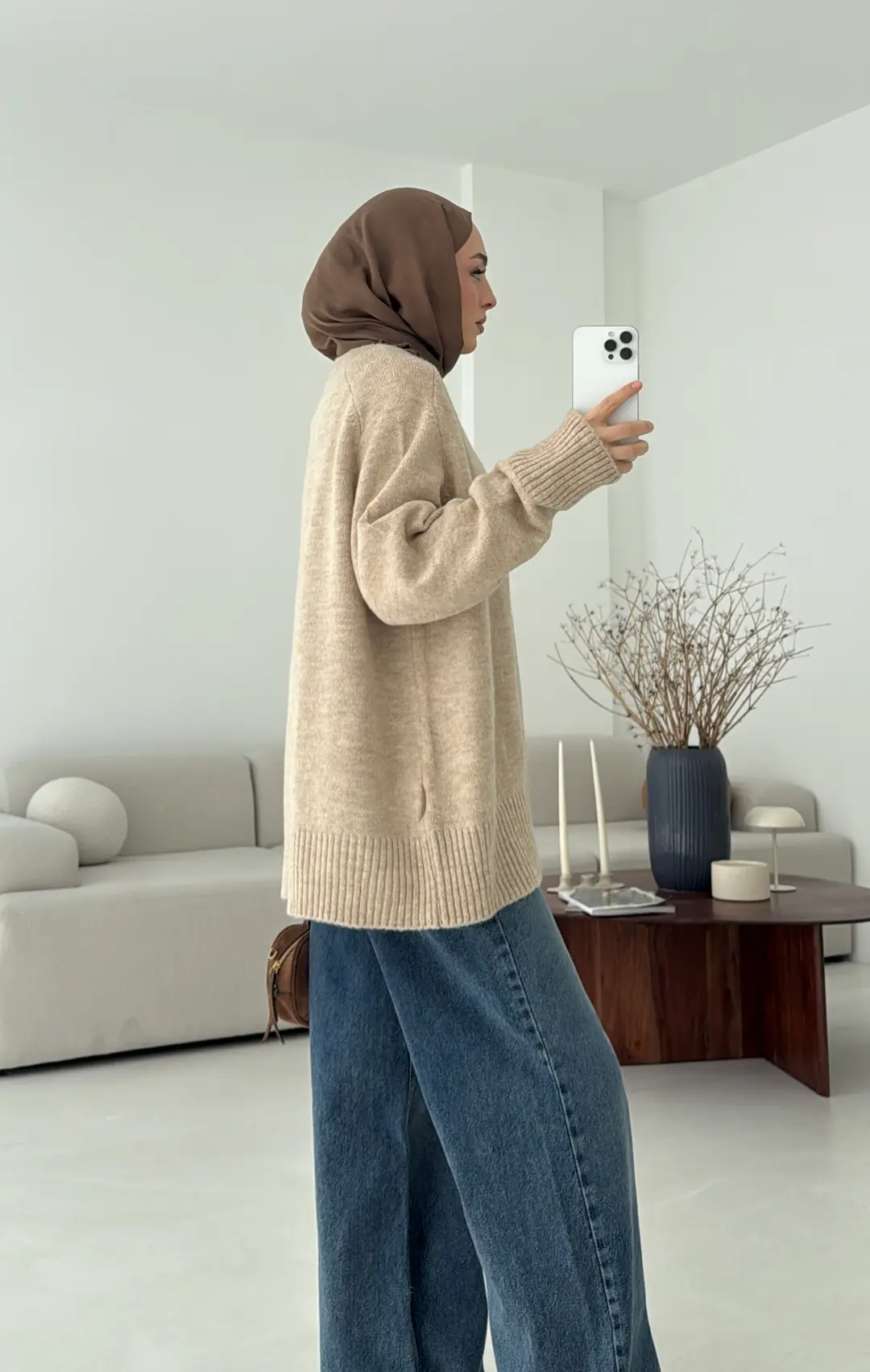 Yarım Düğmeli Triko Kazak Bej - Görsel 7