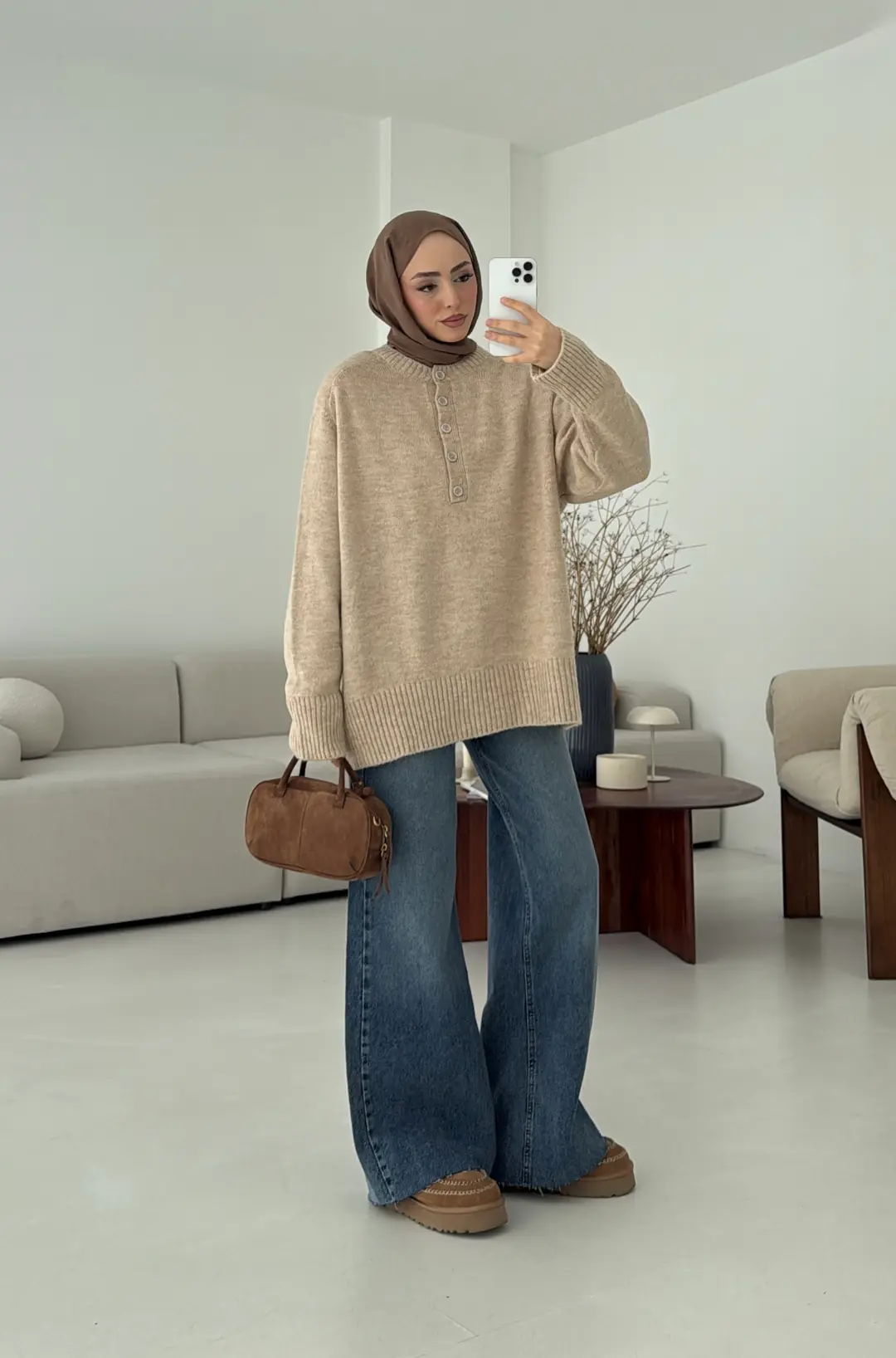 Yarım Düğmeli Triko Kazak Bej - Görsel 8