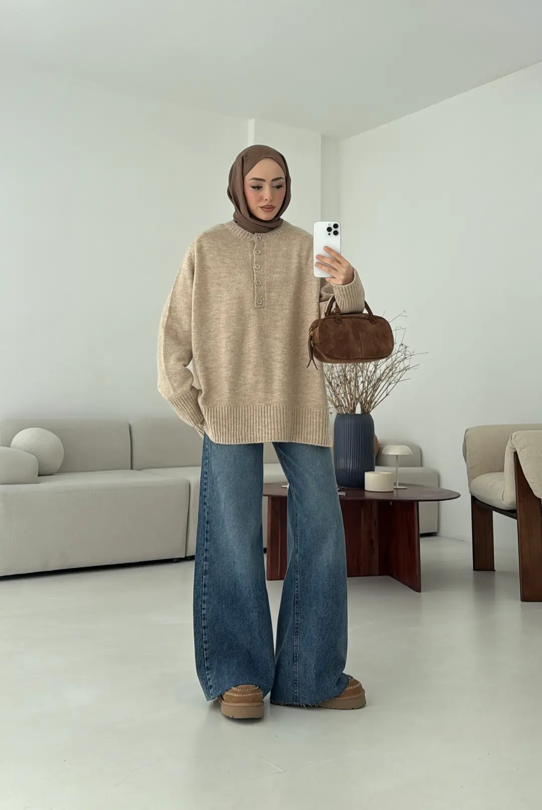 Yarım Düğmeli Triko Kazak Bej - Görsel 9