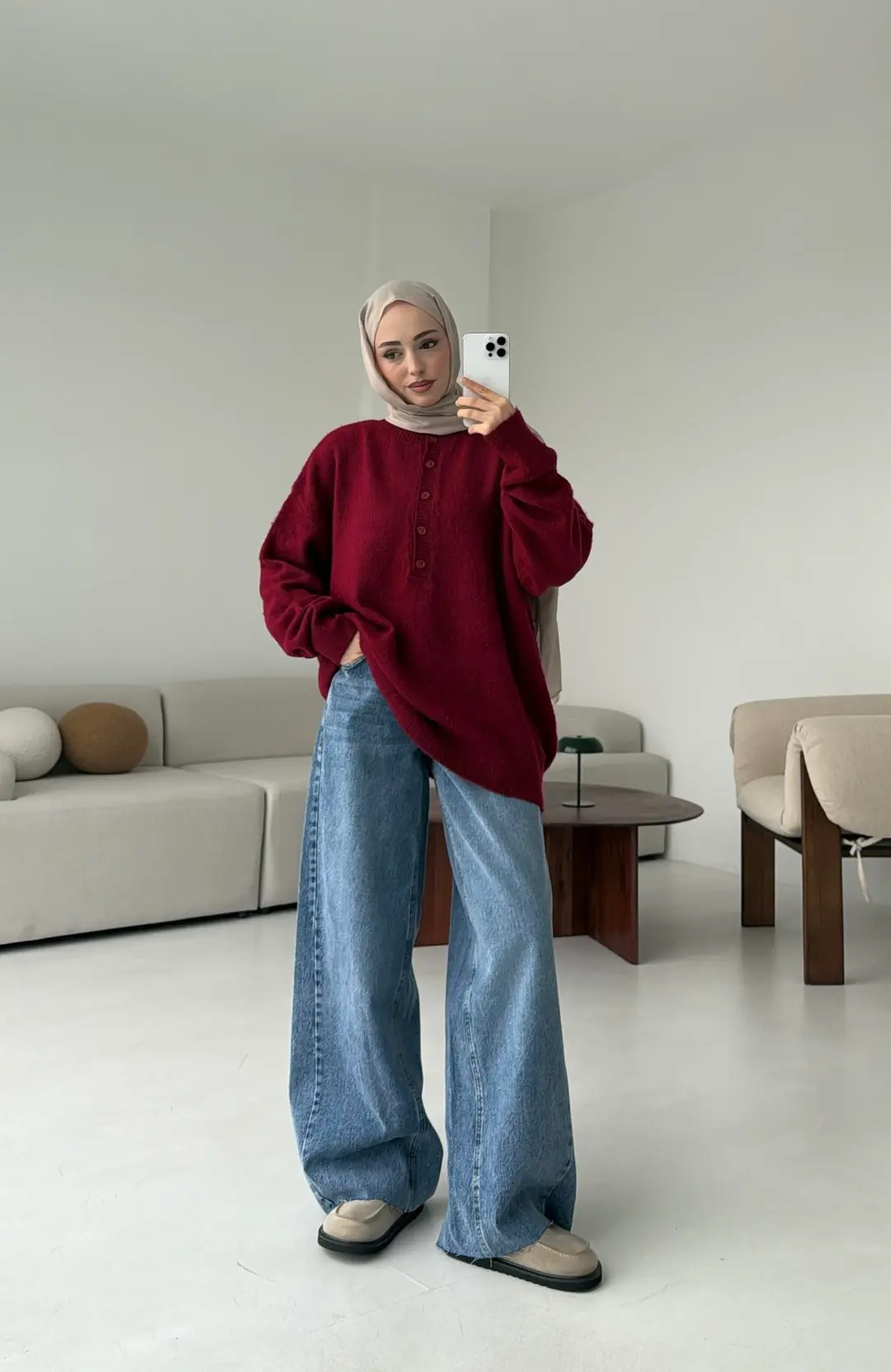 Yarım Dügmeli Triko Kazak Bordo. - Görsel 2