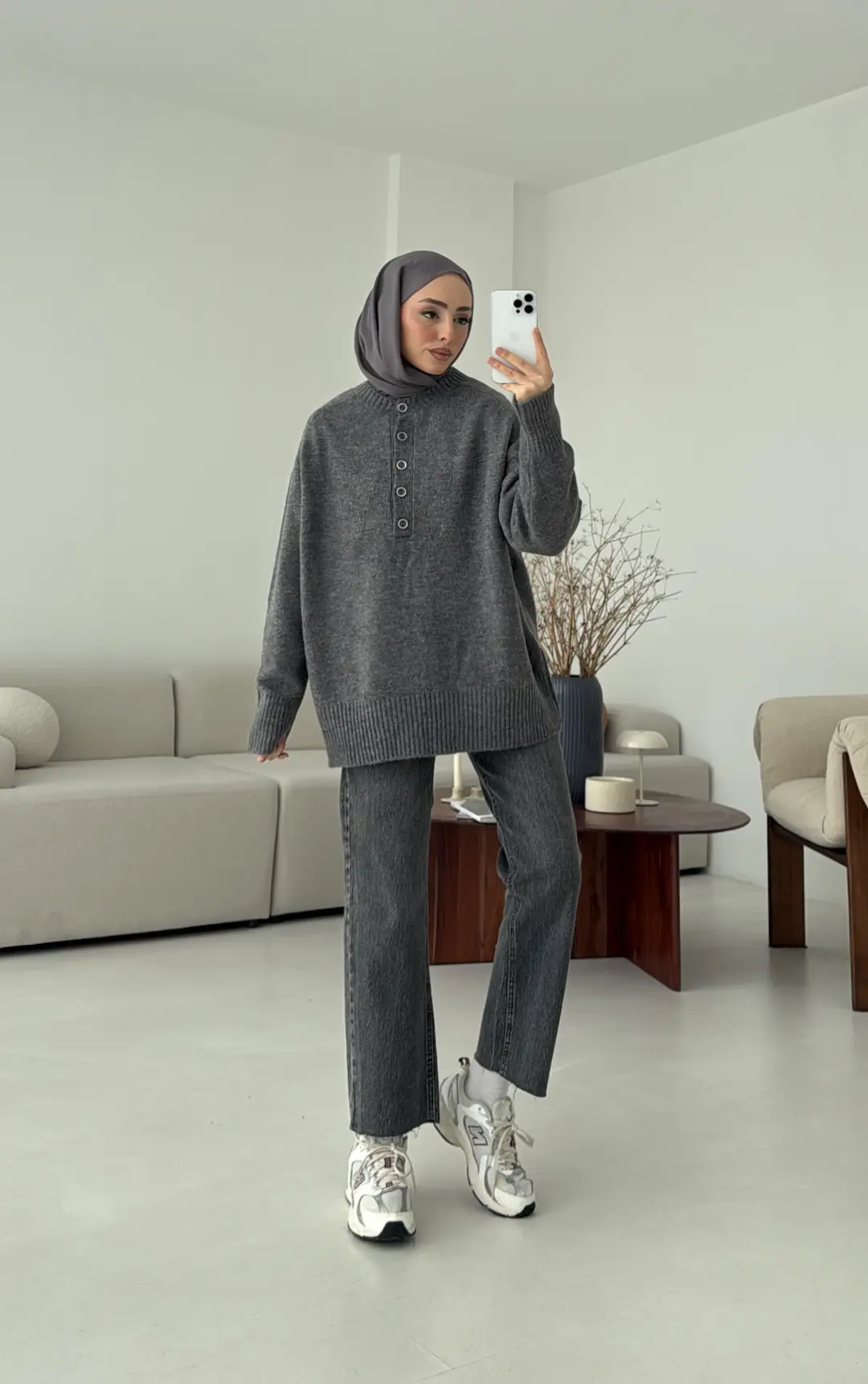 Yarım Düğmeli Triko Kazak Gri - Görsel 2