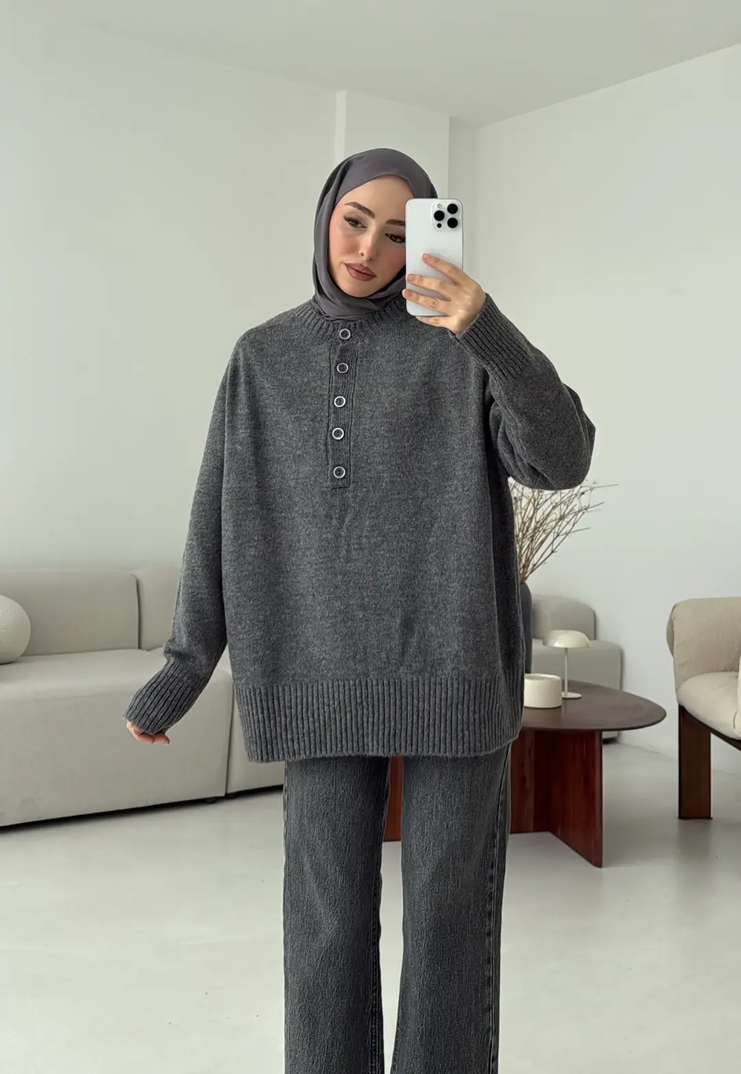 Yarım Düğmeli Triko Kazak Gri - Görsel 5