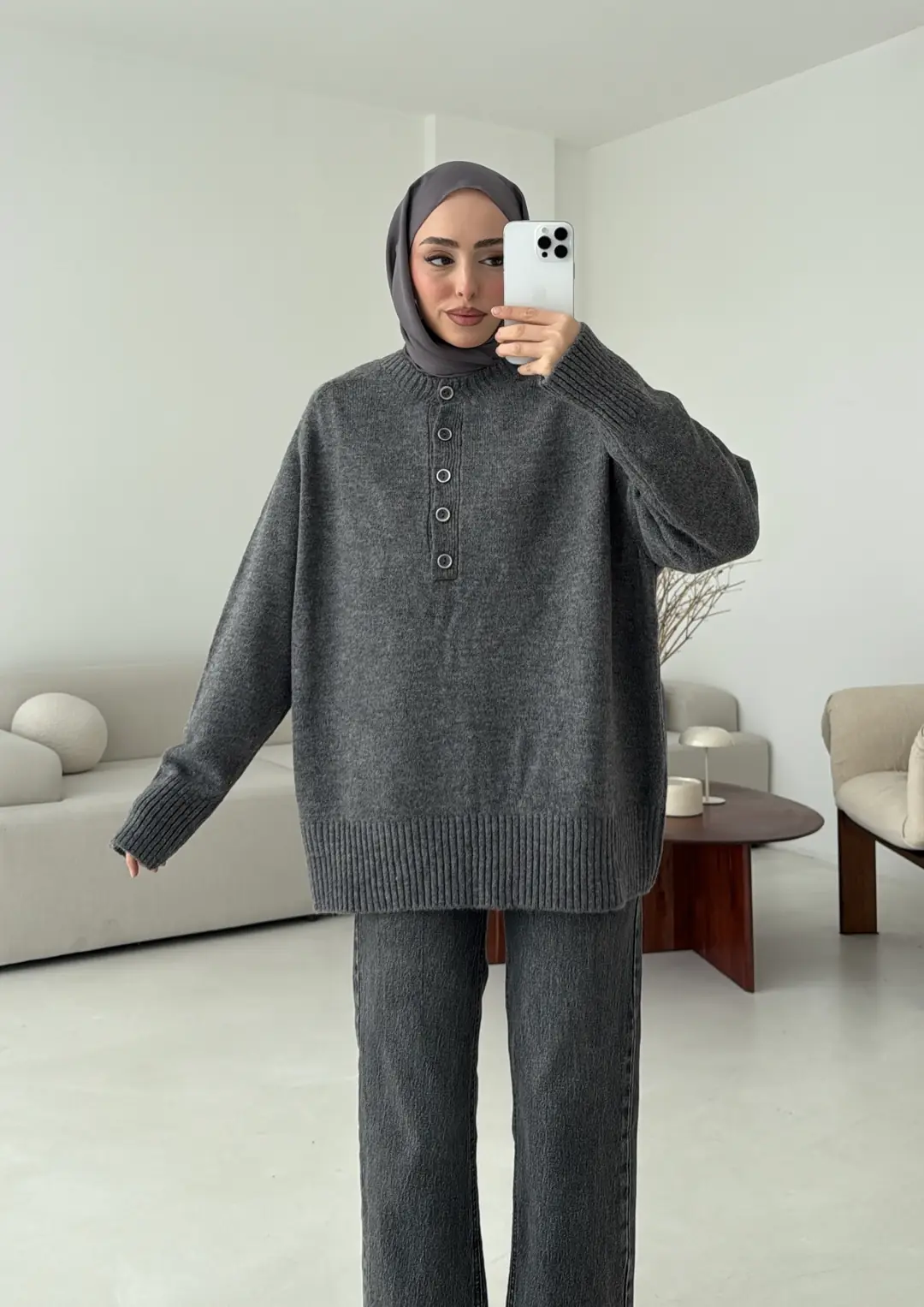 Yarım Düğmeli Triko Kazak Gri - Görsel 6