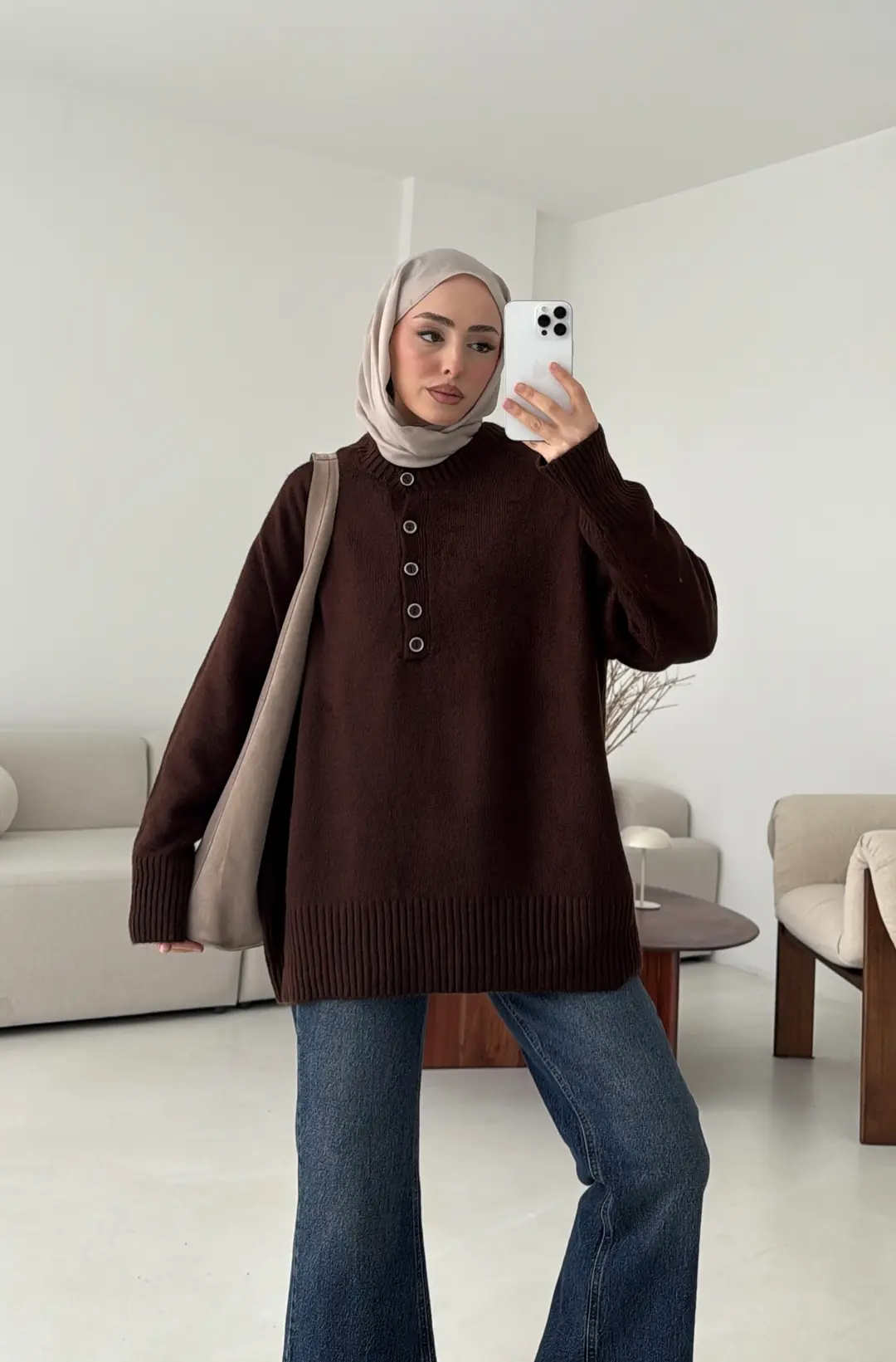 Yarım Düğmeli Triko Kazak Kahve