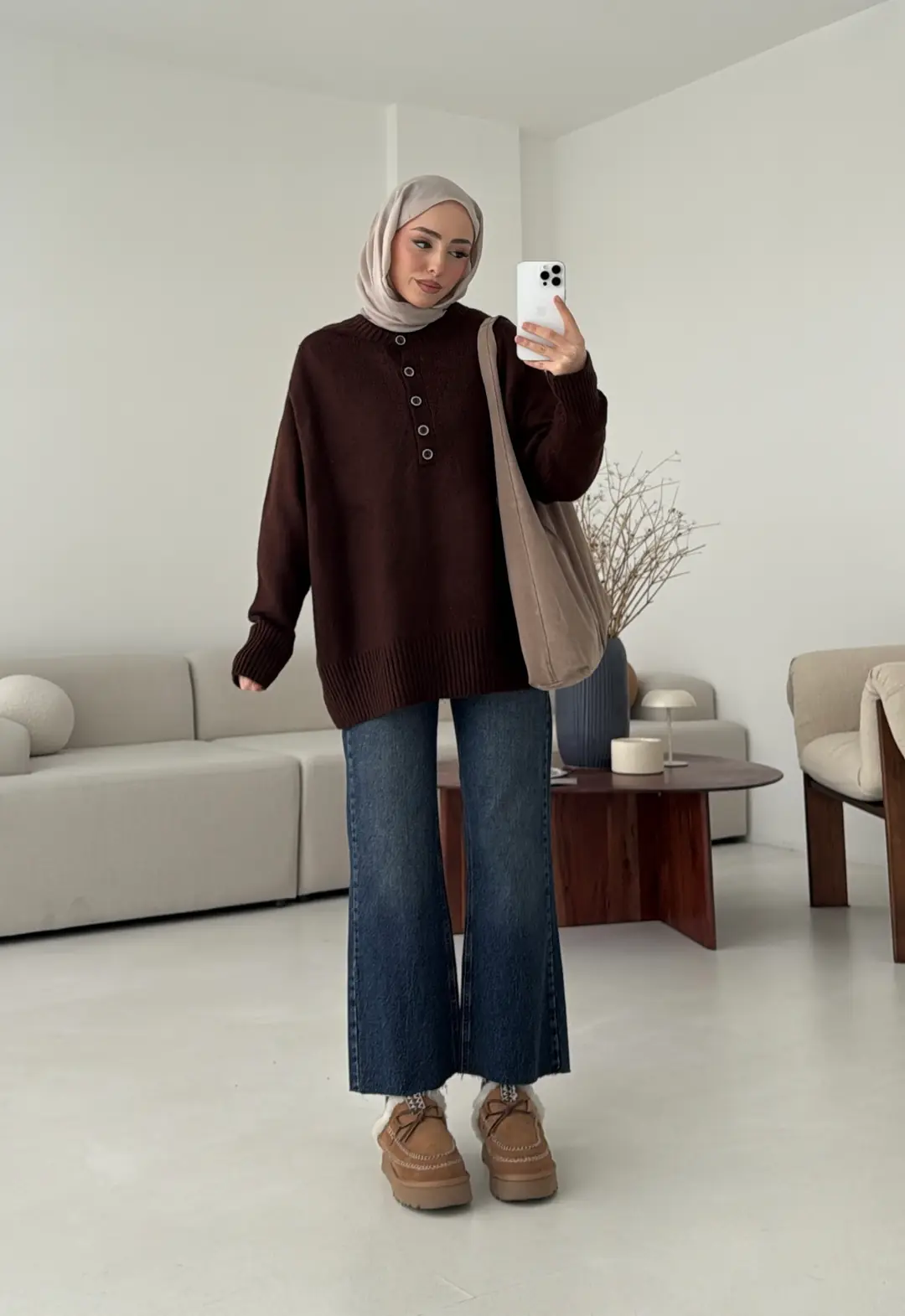 Yarım Düğmeli Triko Kazak Kahve - Görsel 6