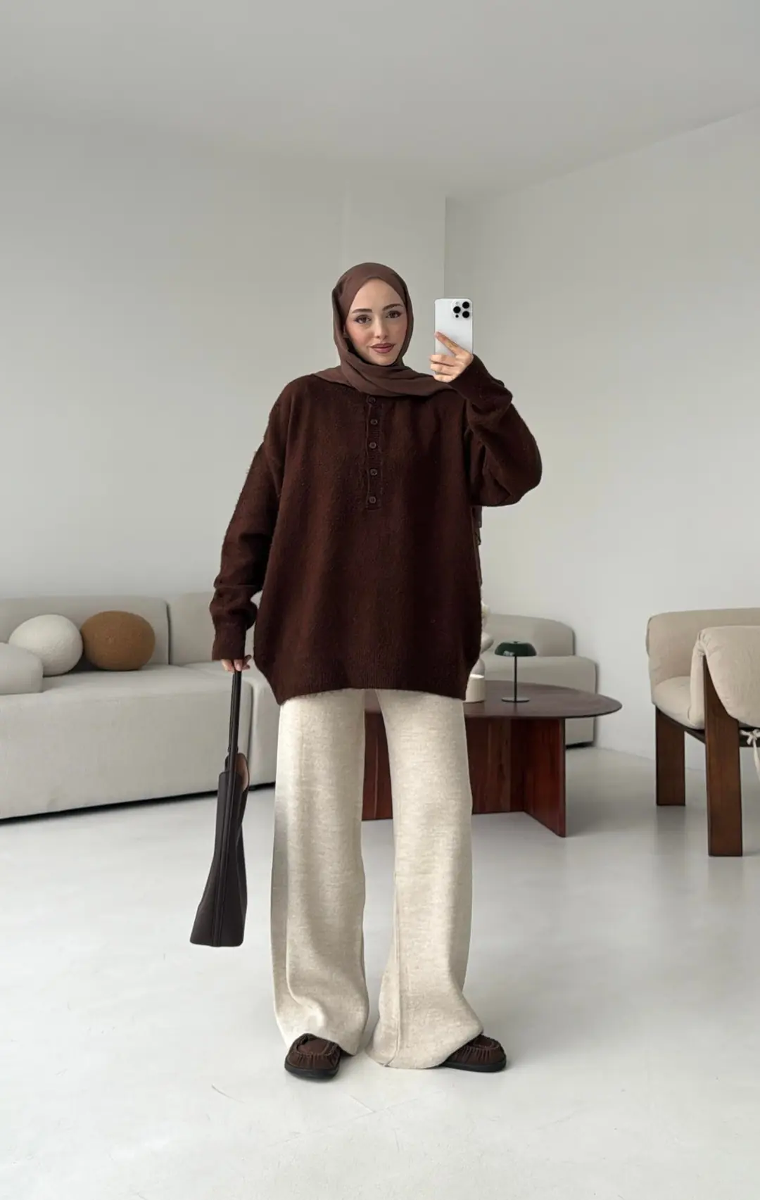 Yarım Dügmeli Triko Kazak Kahve - Görsel 3