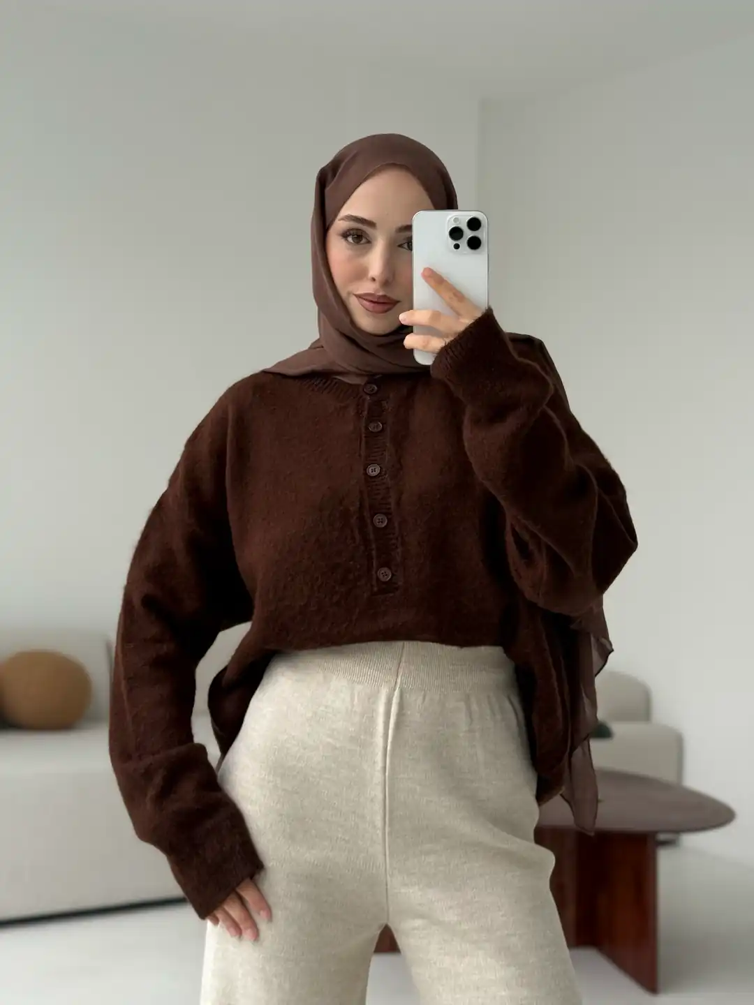 Yarım Dügmeli Triko Kazak Kahve - Görsel 8