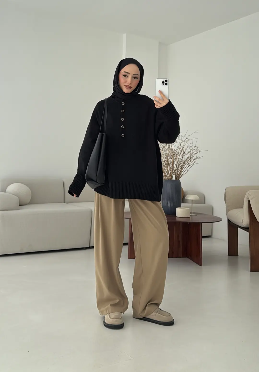 Yarım Düğmeli Triko Kazak Siyah - Görsel 2