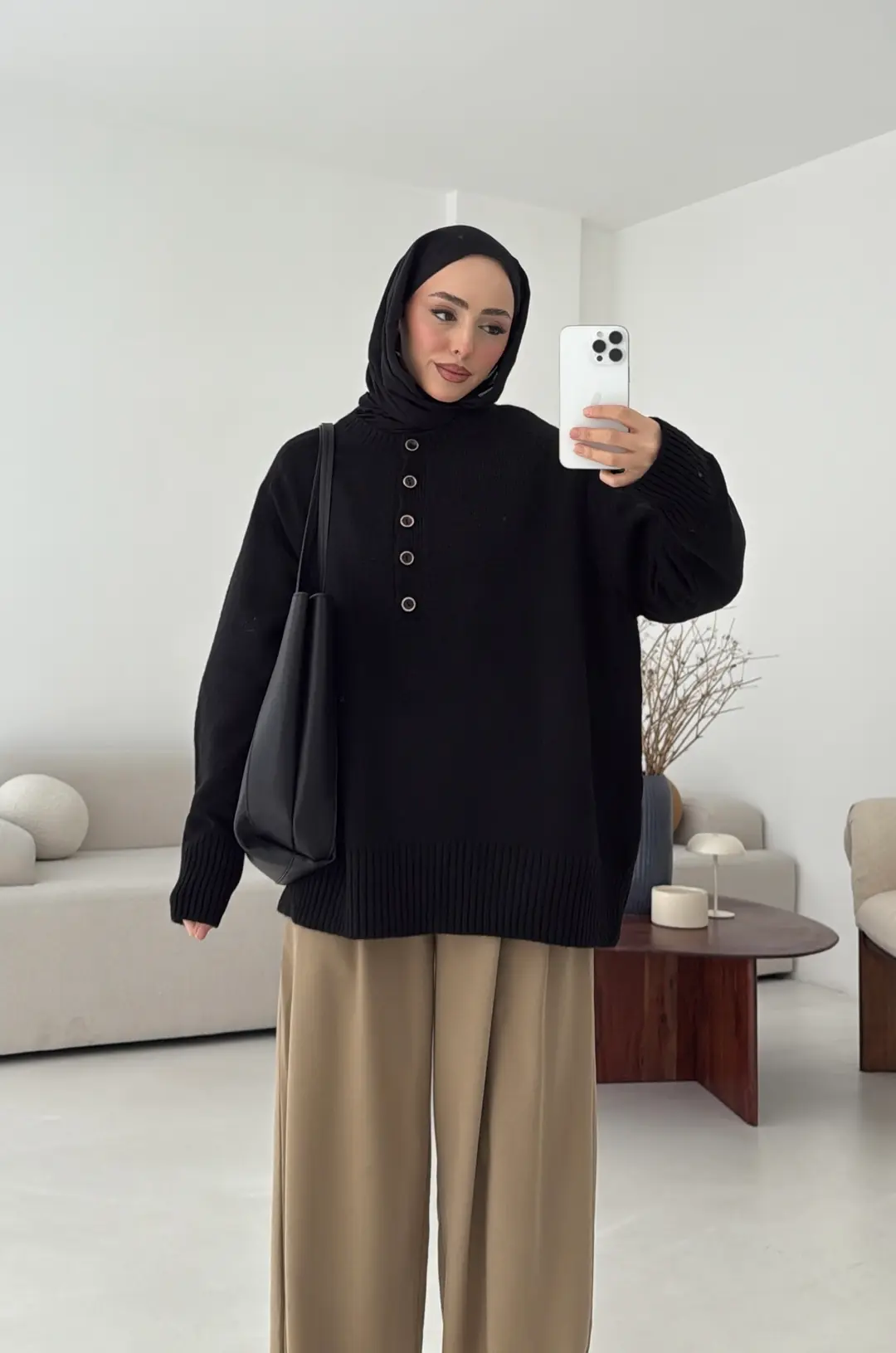 Yarım Düğmeli Triko Kazak Siyah - Görsel 5