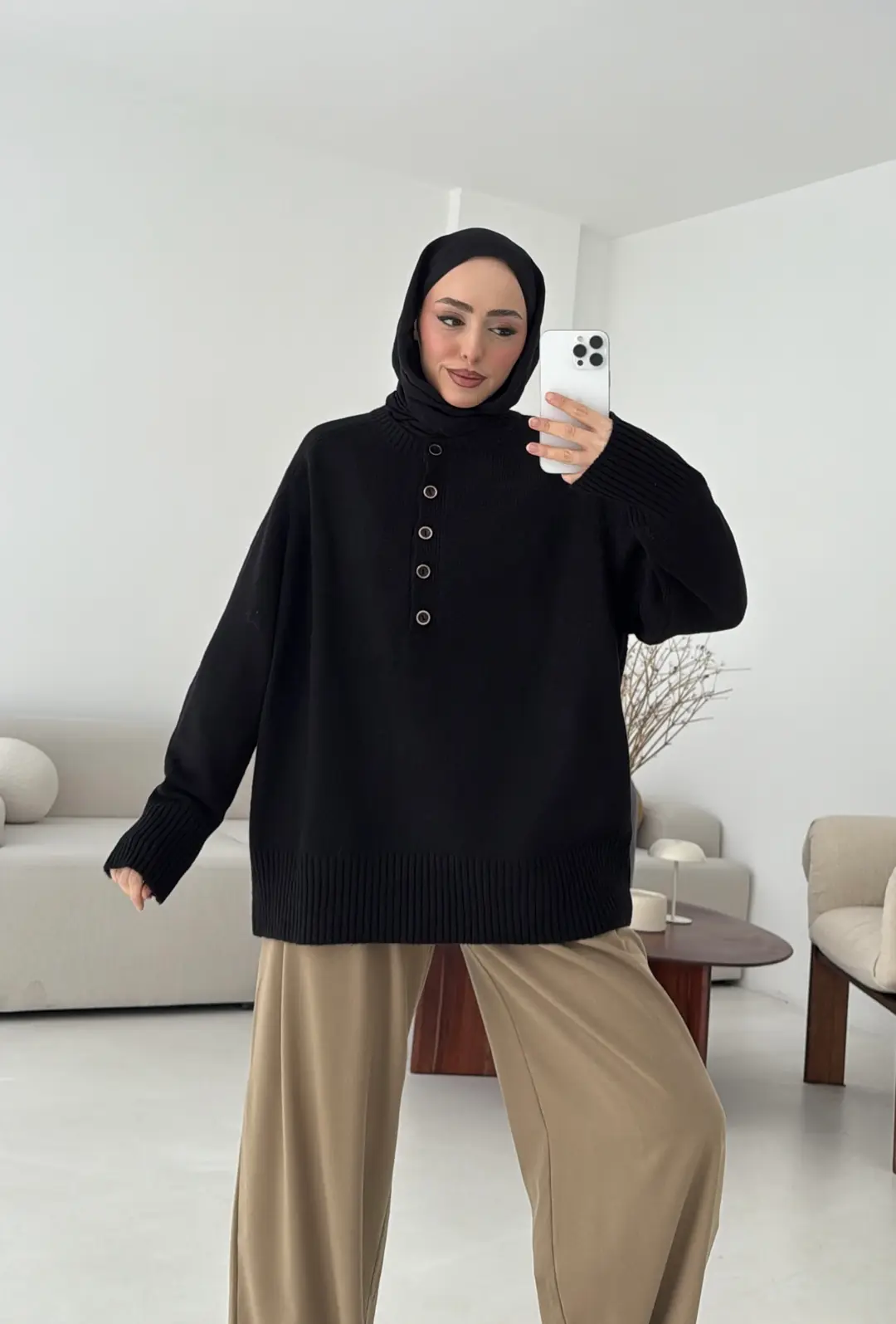 Yarım Düğmeli Triko Kazak Siyah - Görsel 6