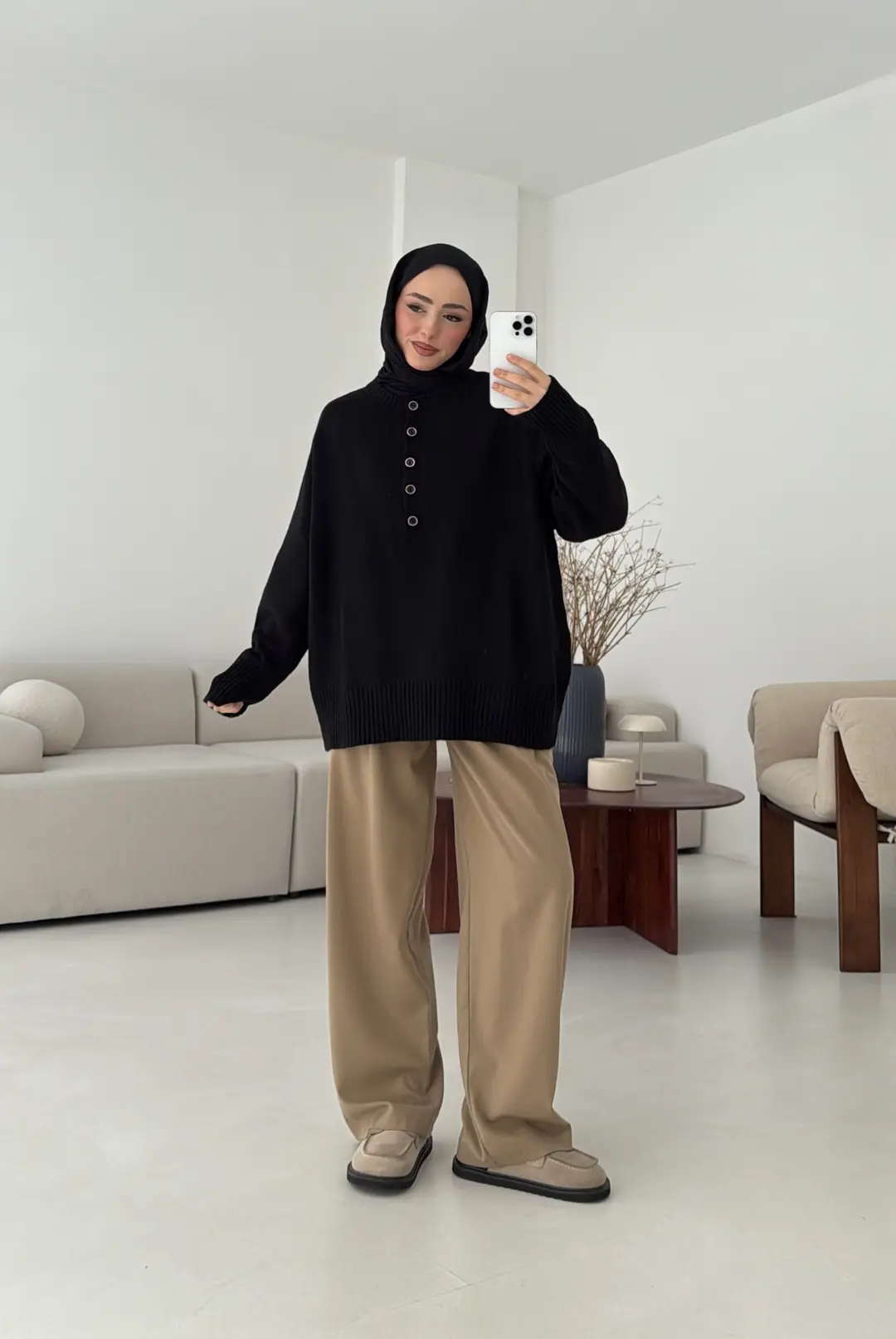 Yarım Düğmeli Triko Kazak Siyah - Görsel 7