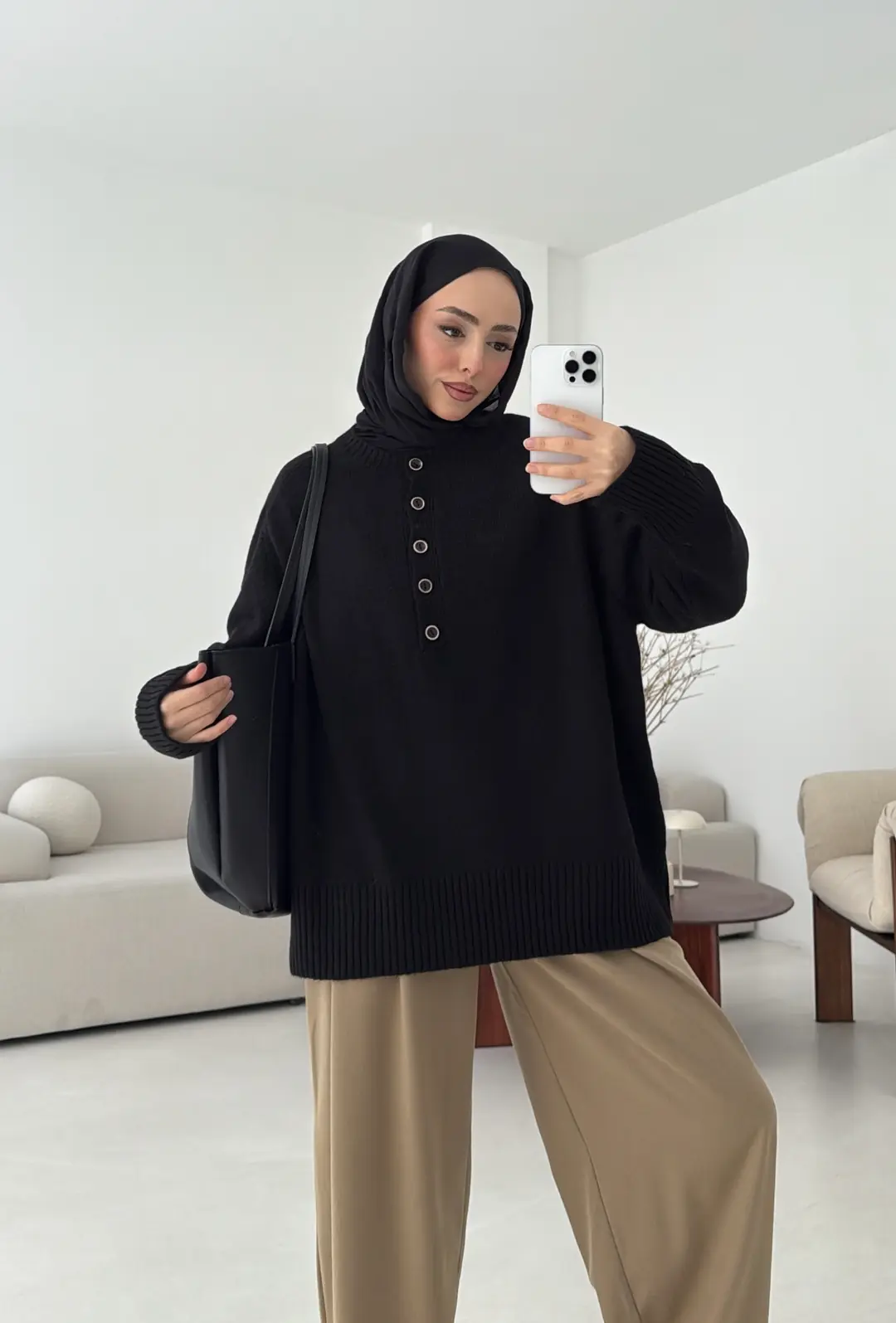 Yarım Düğmeli Triko Kazak Siyah - Görsel 8