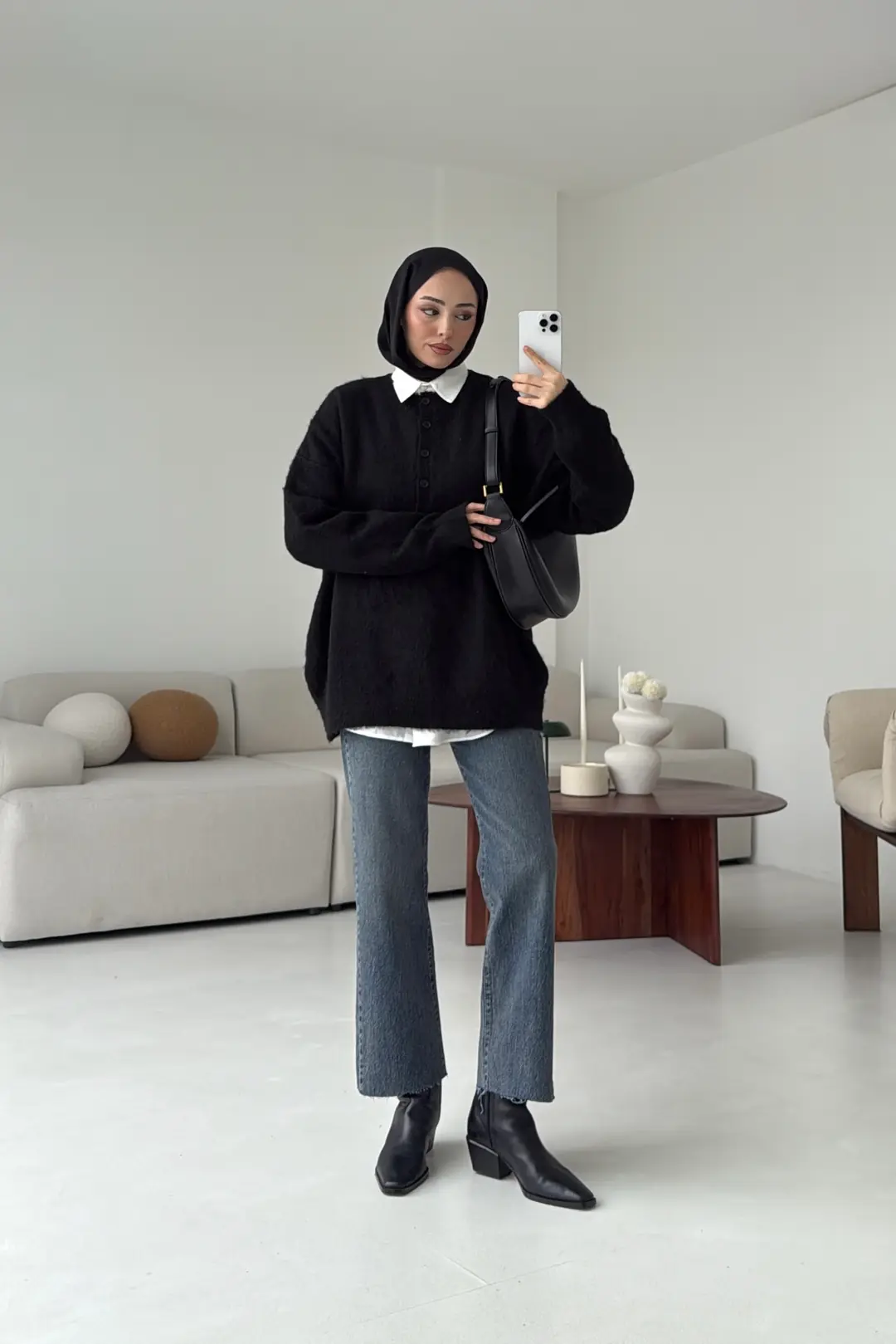 Yarım Dügmeli Triko Kazak Siyah - Görsel 7