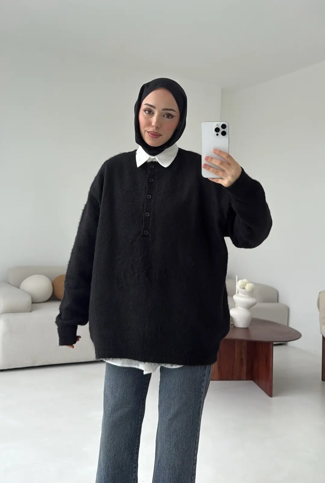 Yarım Dügmeli Triko Kazak Siyah - Görsel 8