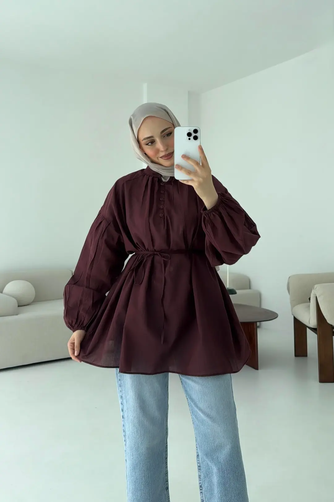 Yarım Dügmeli Vual Gömlek Bordo - Görsel 3