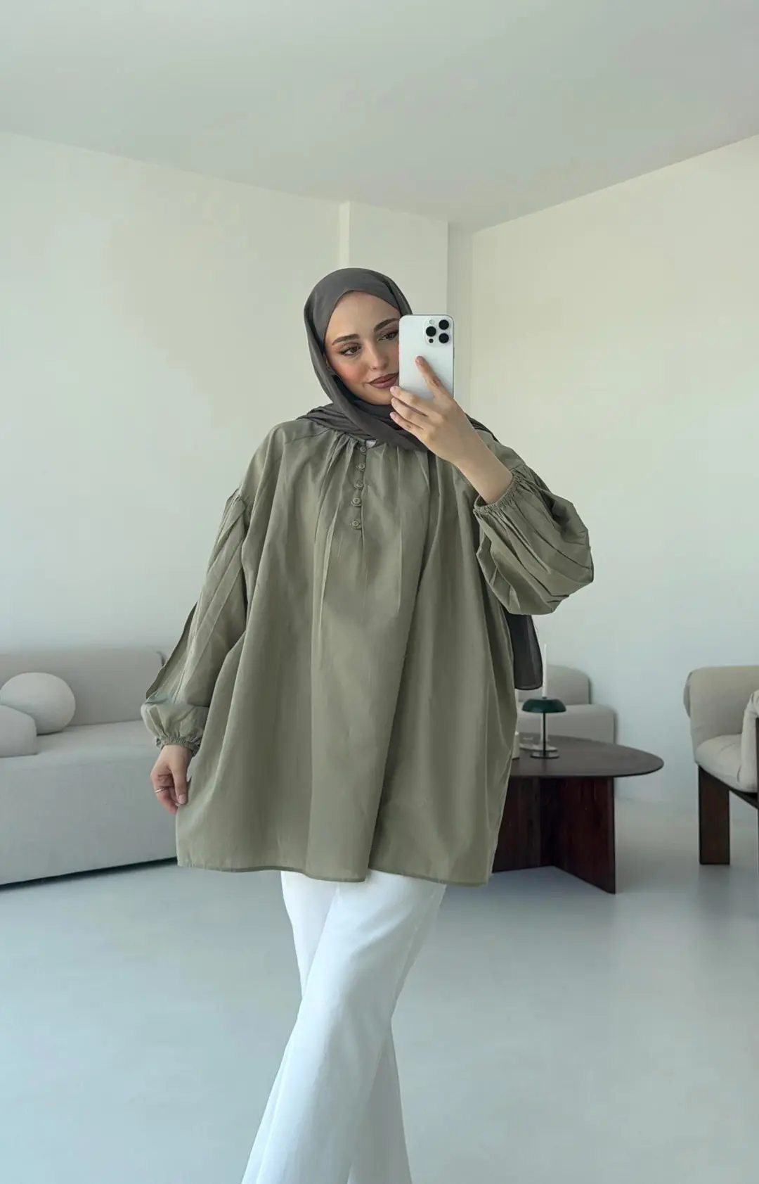 Yarım Dügmeli Vual Gömlek Haki