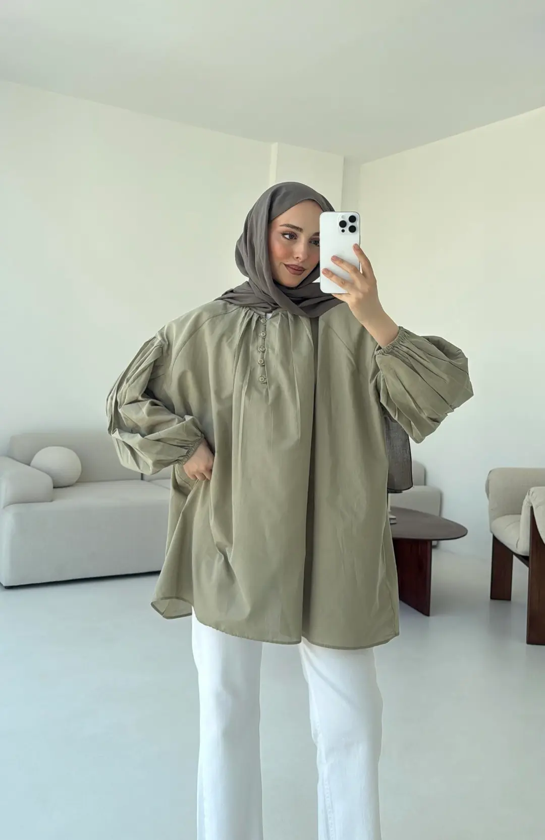 Yarım Dügmeli Vual Gömlek Haki - Görsel 2