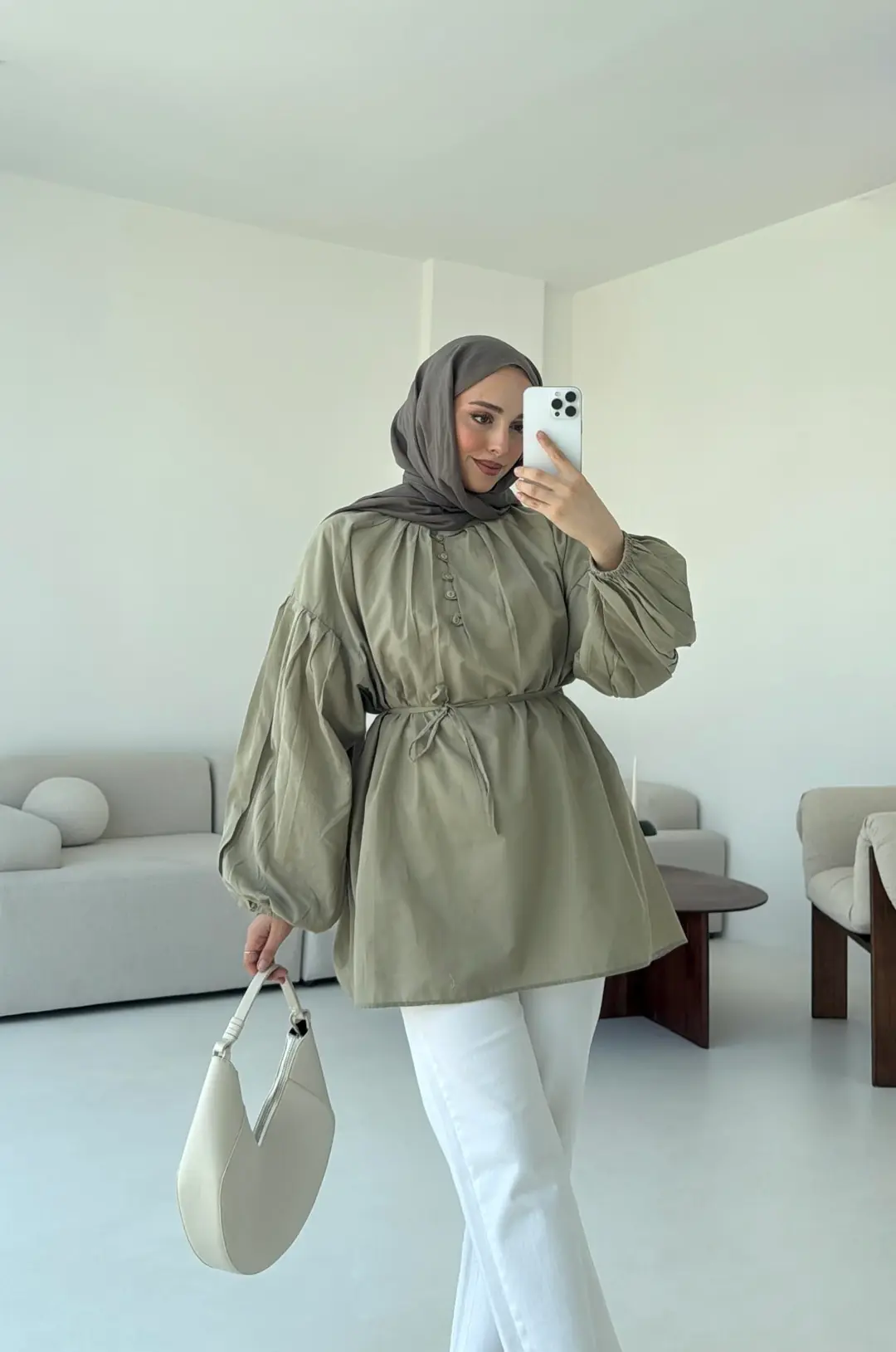 Yarım Dügmeli Vual Gömlek Haki - Görsel 5