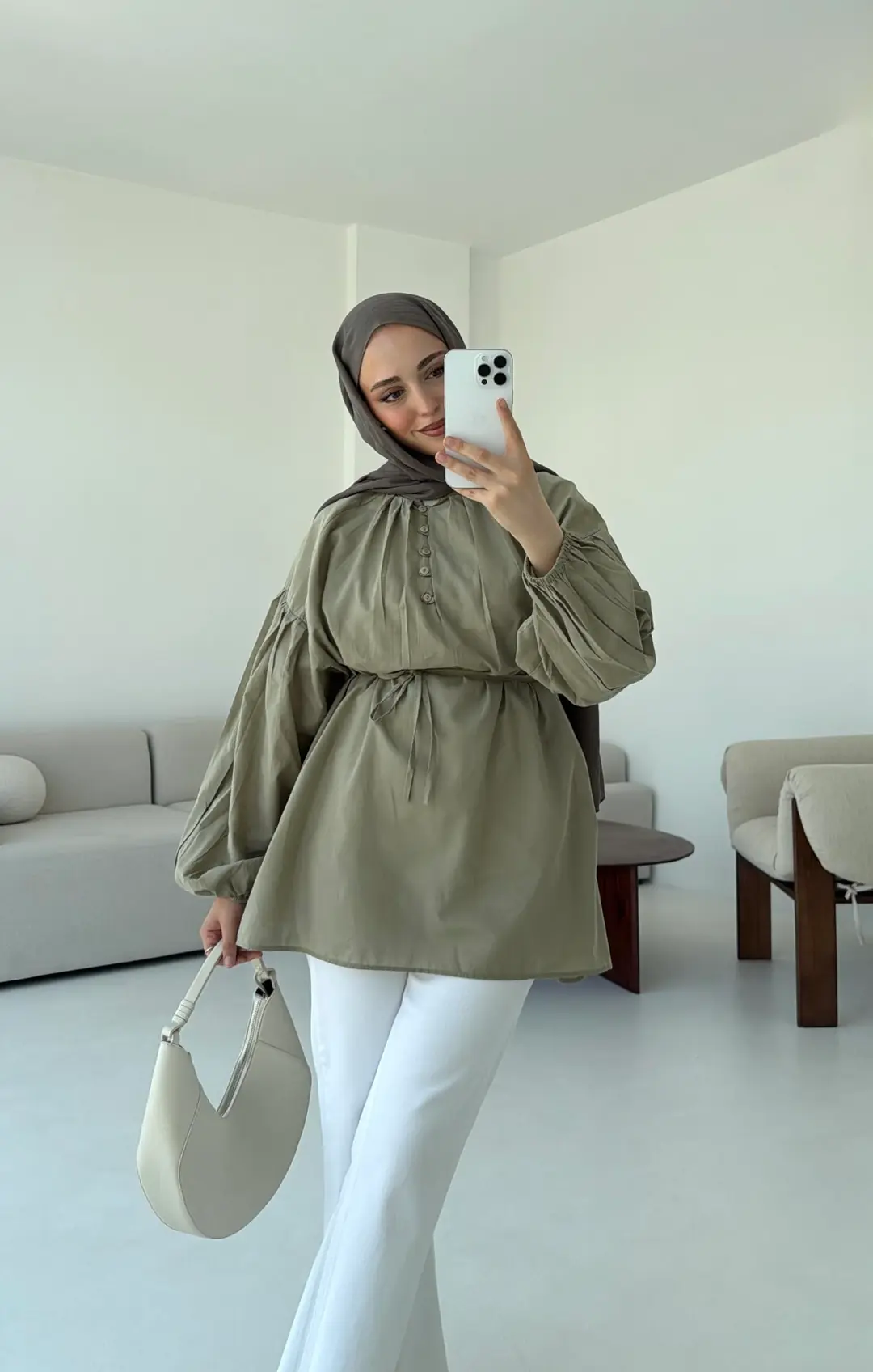 Yarım Dügmeli Vual Gömlek Haki - Görsel 9