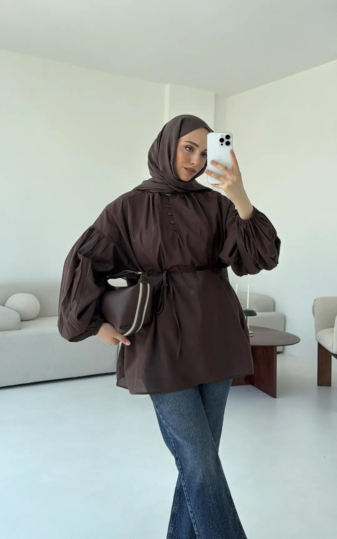 Yarım Dügmeli Vual Gömlek Kahve - Görsel 4