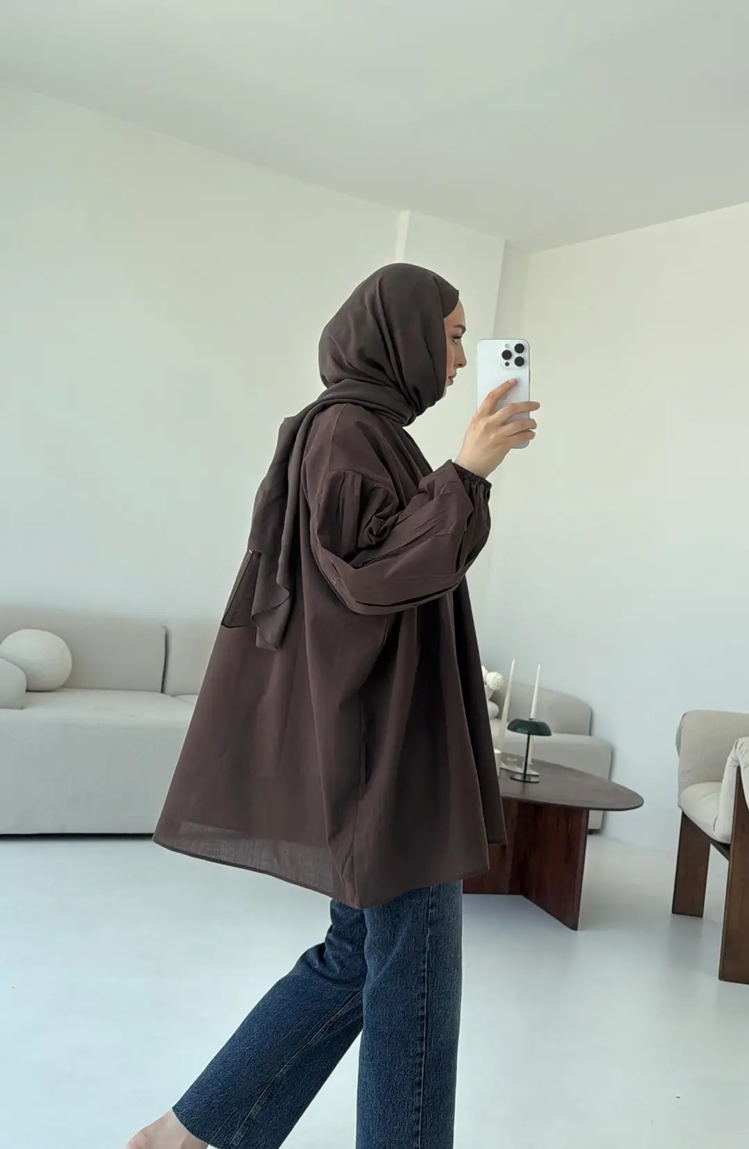 Yarım Dügmeli Vual Gömlek Kahve - Görsel 7