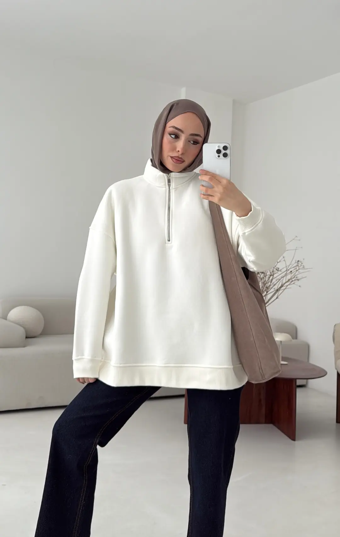 Yarım Fermuarlı Ekru Sweat - Görsel 6