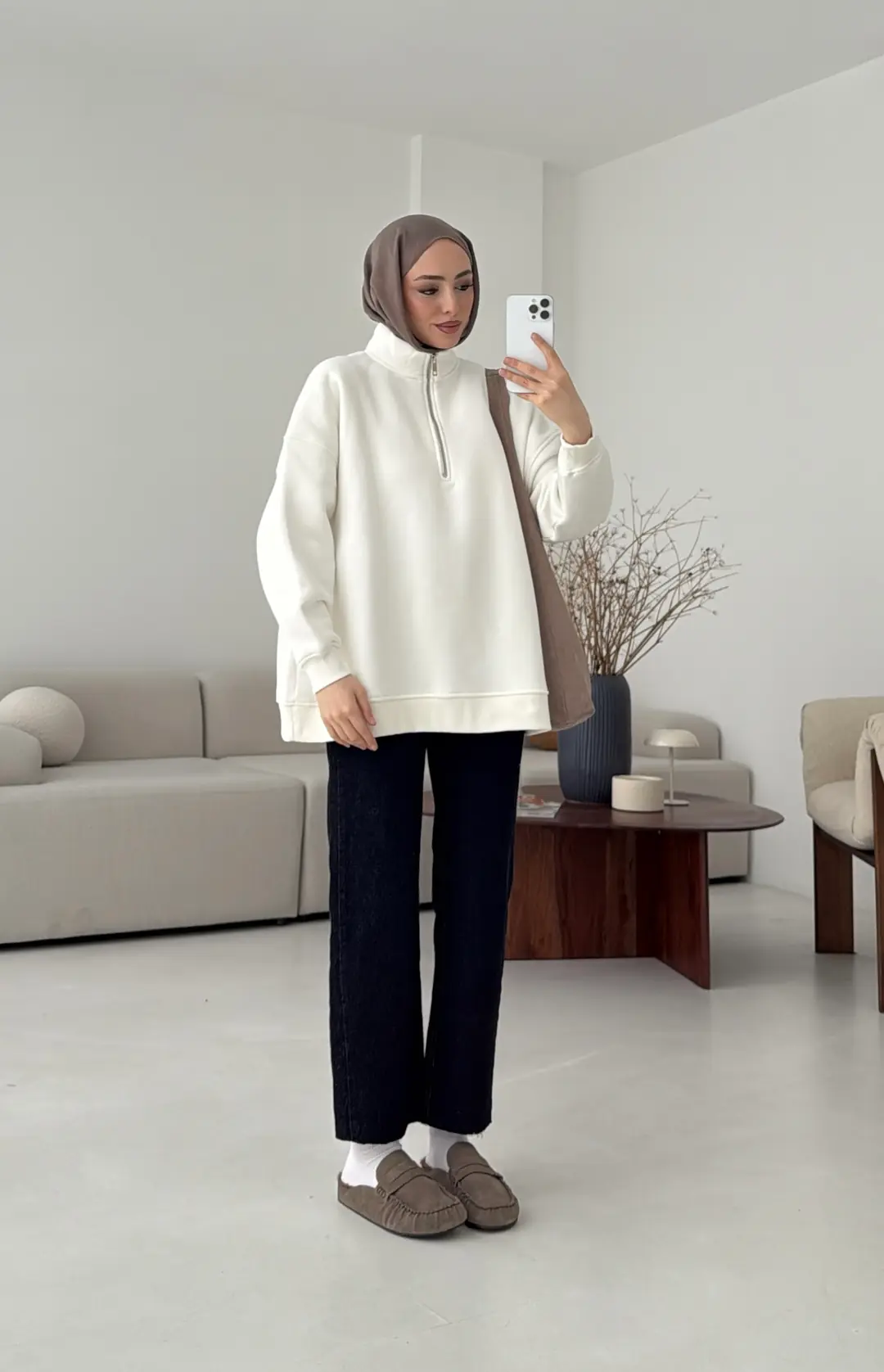 Yarım Fermuarlı Ekru Sweat - Görsel 7