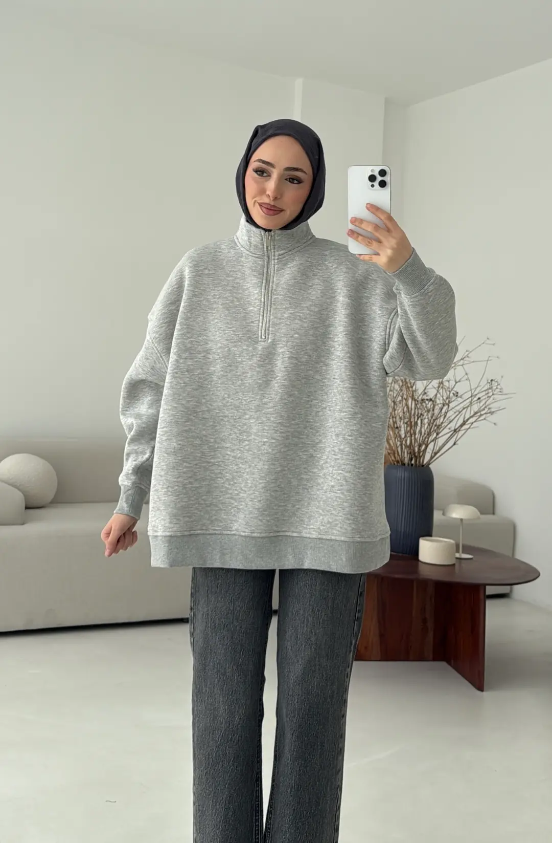 Yarım Fermuarlı Melanj Sweat - Görsel 7