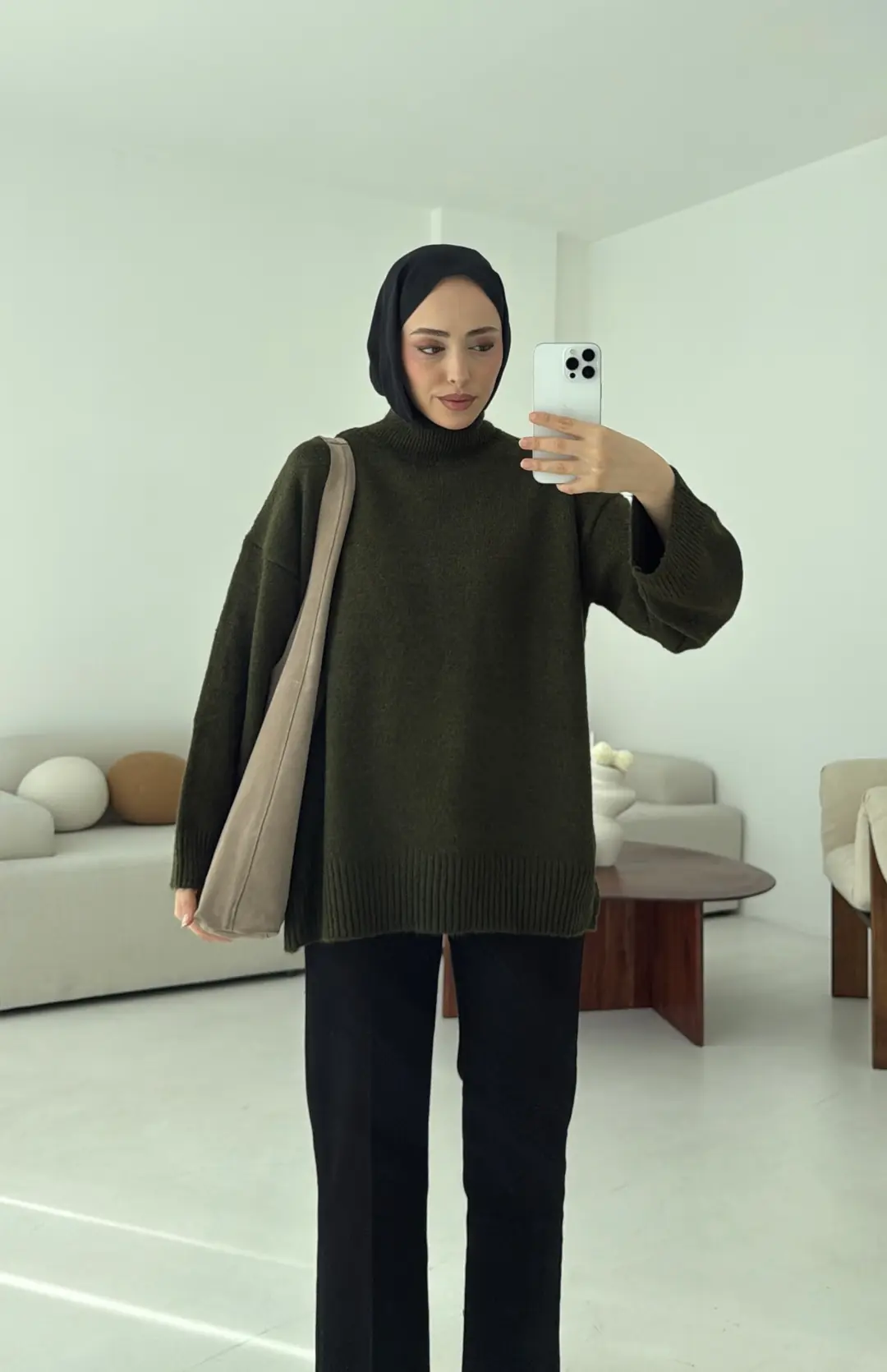 Yarım Yaka Triko Kazak Haki - Görsel 2