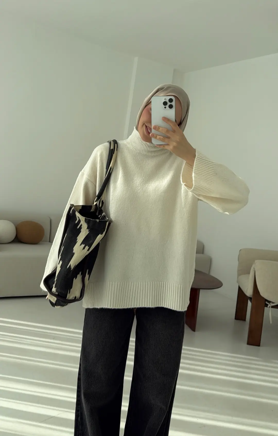 Yarım Yaka Triko Kazak Krem - Görsel 5