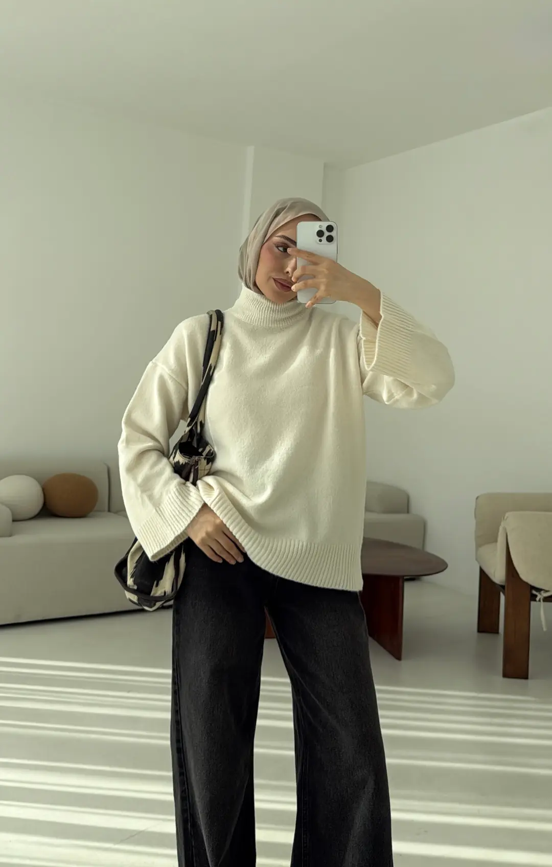 Yarım Yaka Triko Kazak Krem - Görsel 7