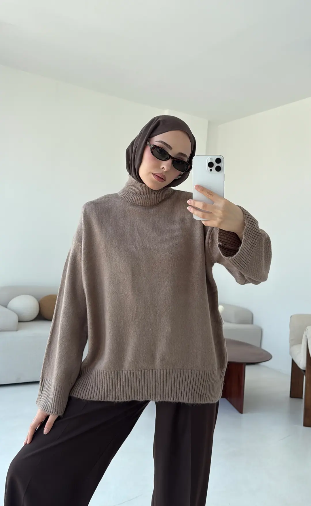 Yarım Yaka Triko Kazak Vizon - Görsel 4