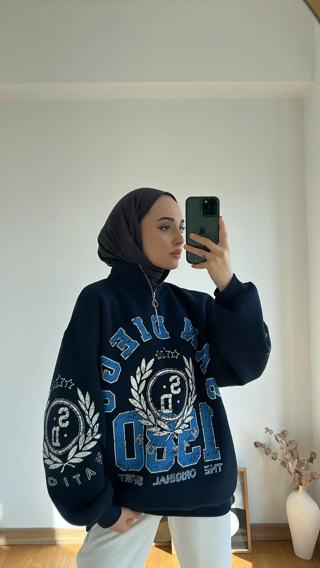 Yarım Zip Lacivert Oversize Şardonlu Sweatshirt