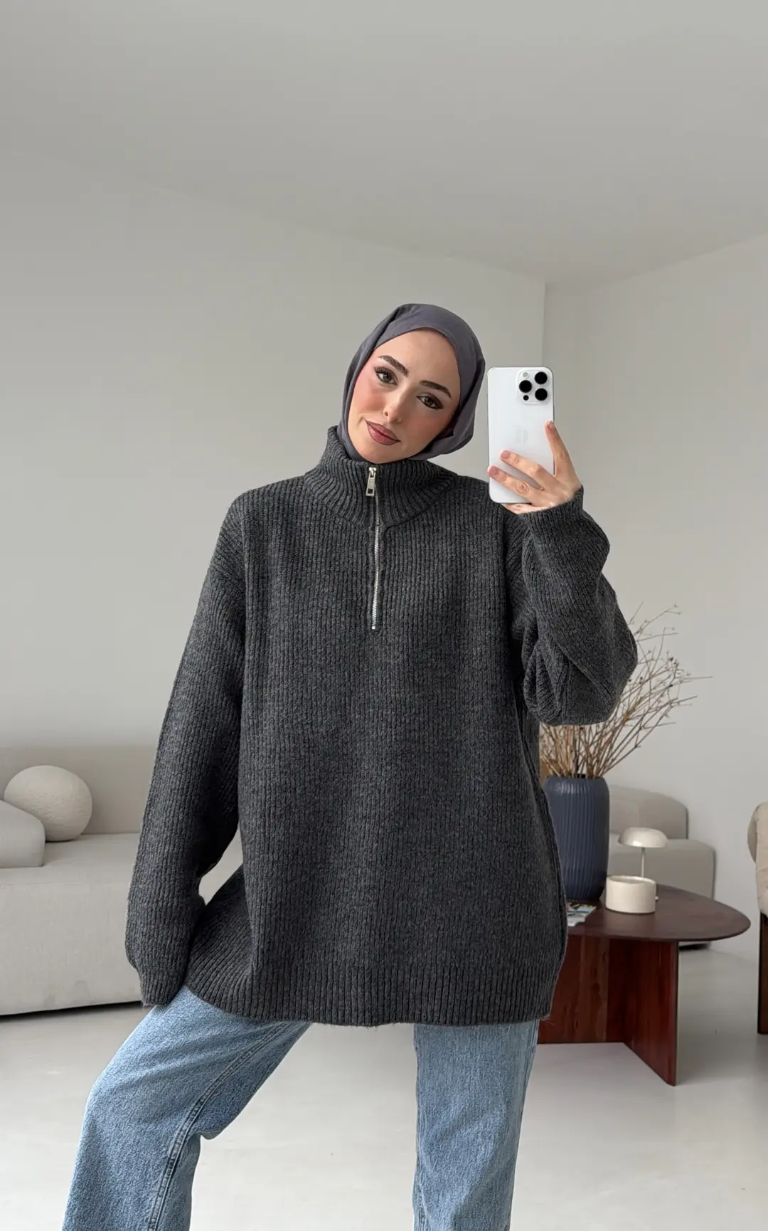 Yarım Zip Triko Kazak Antrasit - Görsel 2