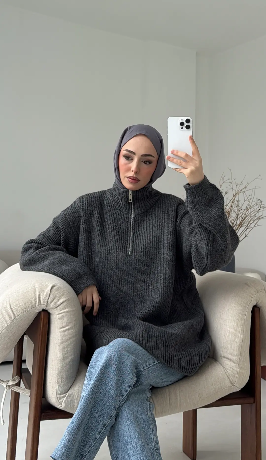 Yarım Zip Triko Kazak Antrasit - Görsel 5