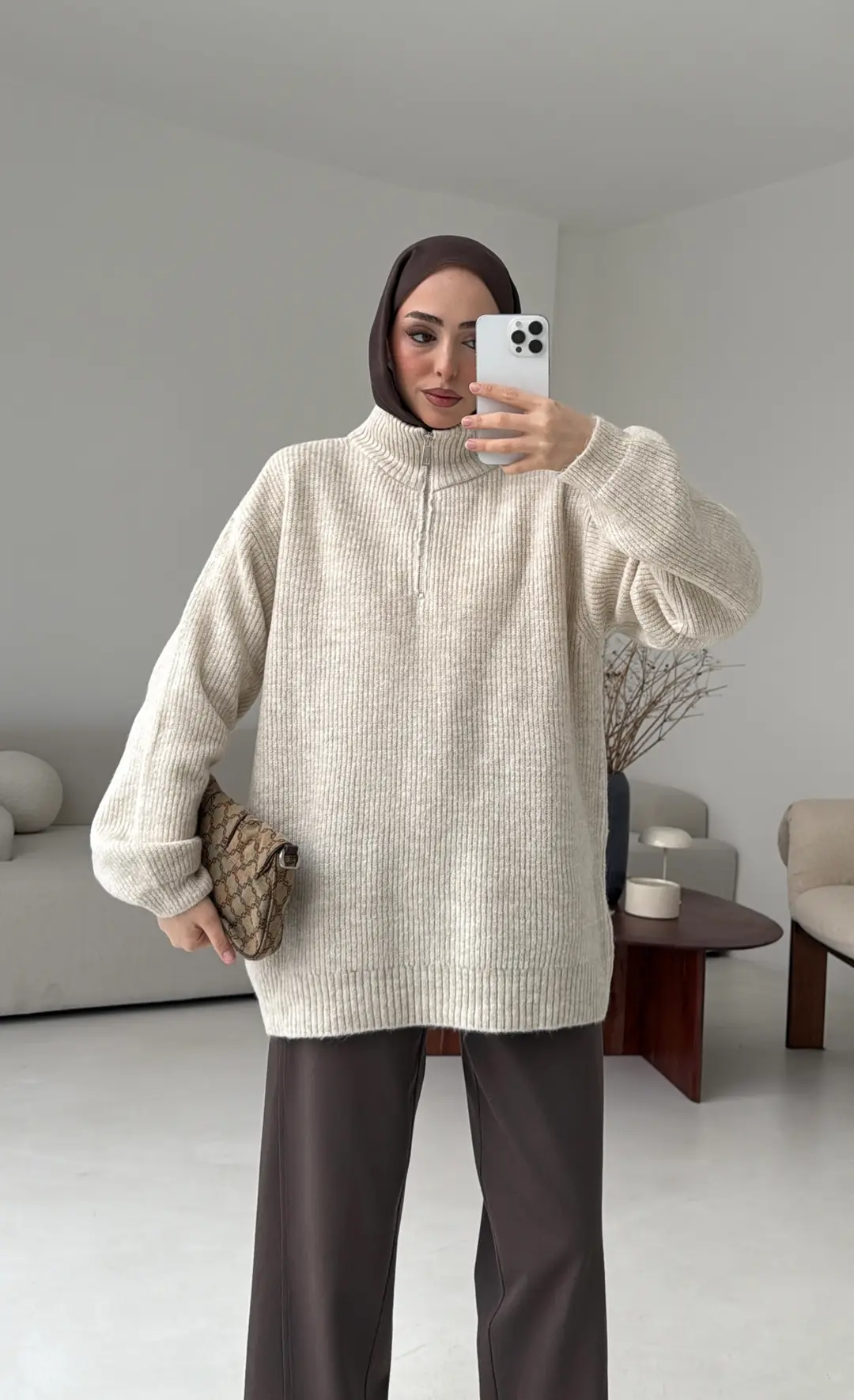 Yarım Zip Triko Kazak Bej