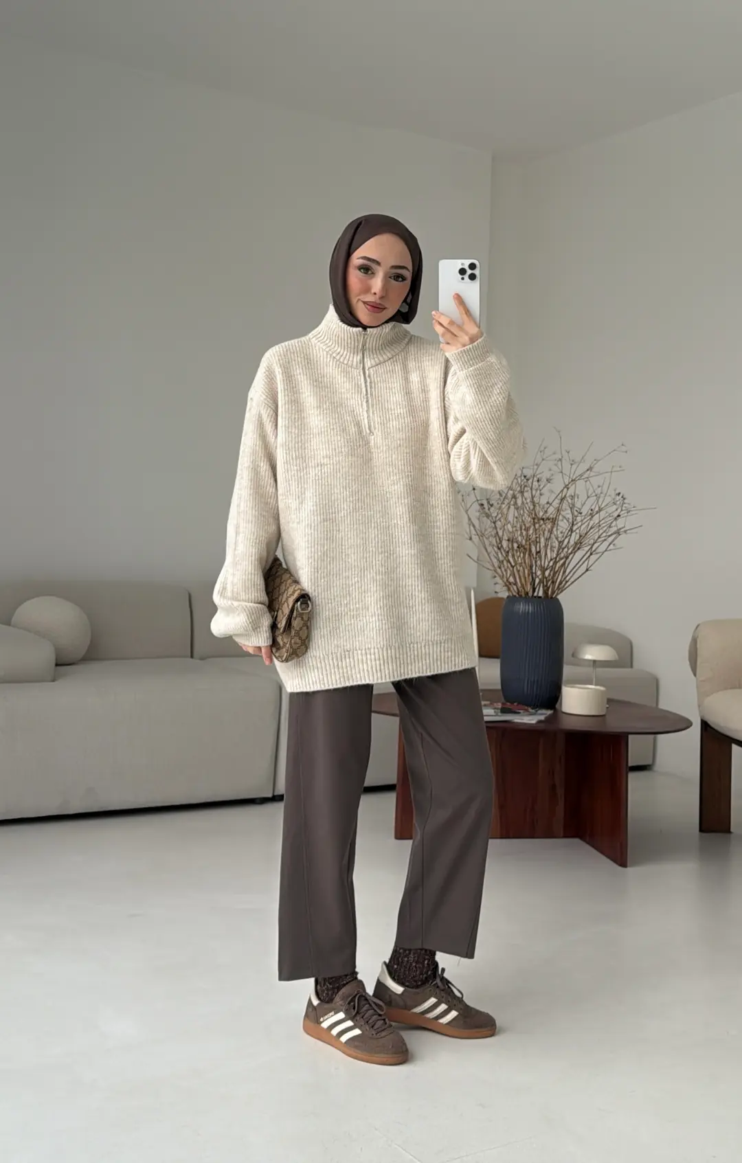 Yarım Zip Triko Kazak Bej - Görsel 10