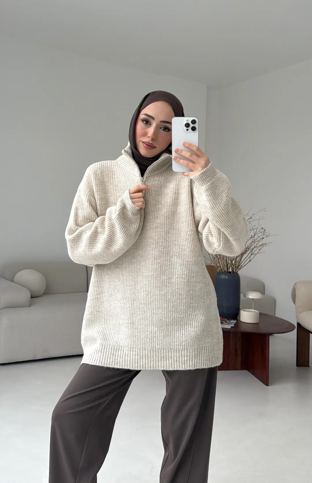 Yarım Zip Triko Kazak Bej - Görsel 9