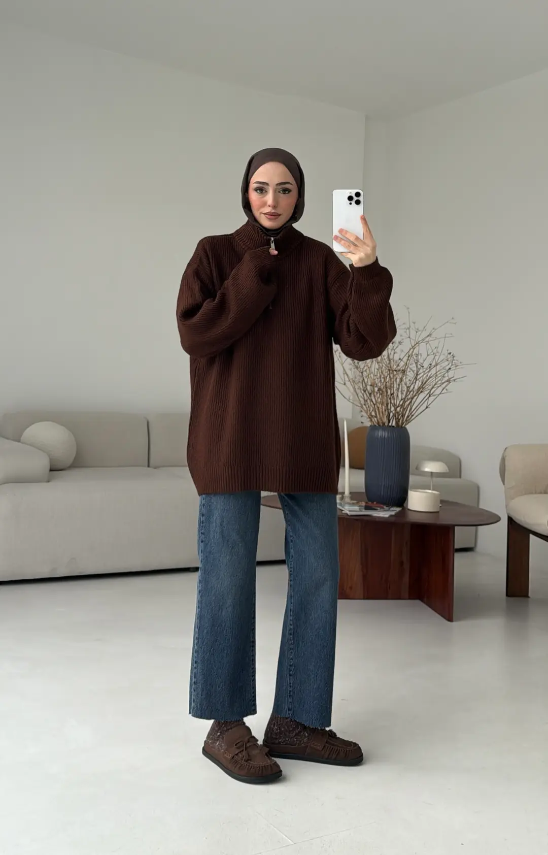 Yarım Zip Triko Kazak Kahve