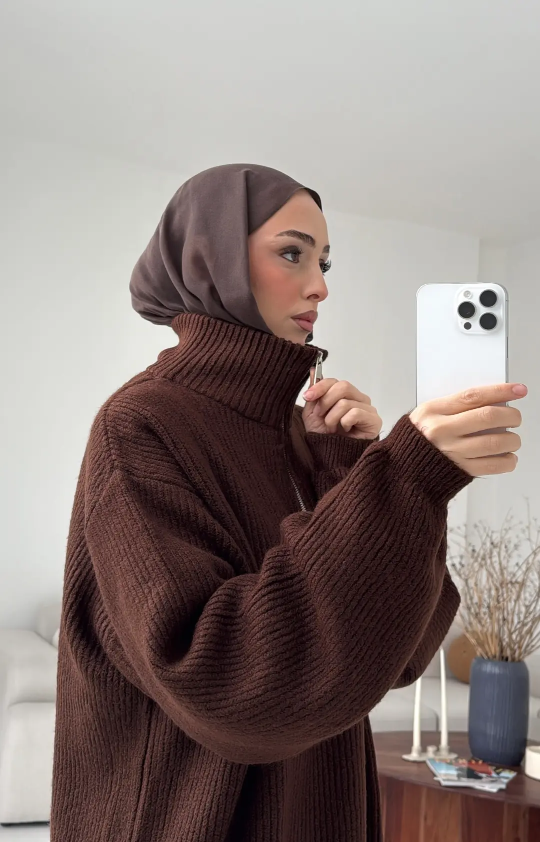 Yarım Zip Triko Kazak Kahve - Görsel 2