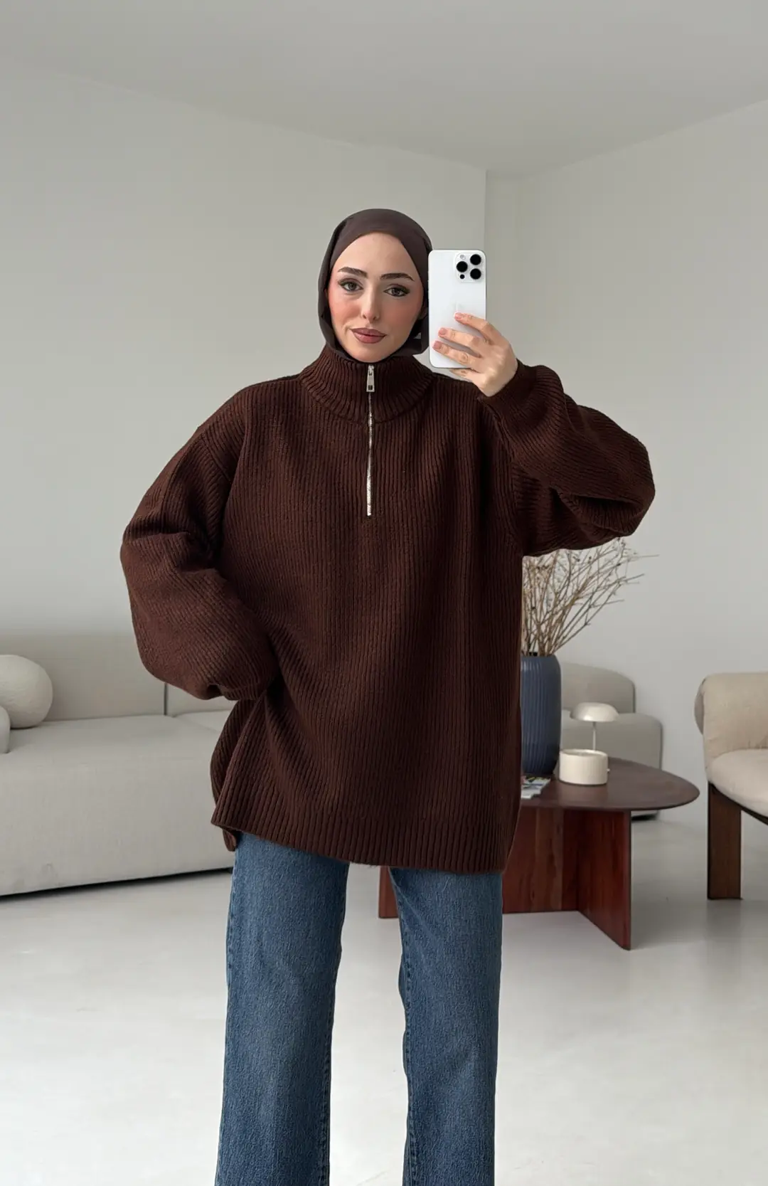 Yarım Zip Triko Kazak Kahve - Görsel 6