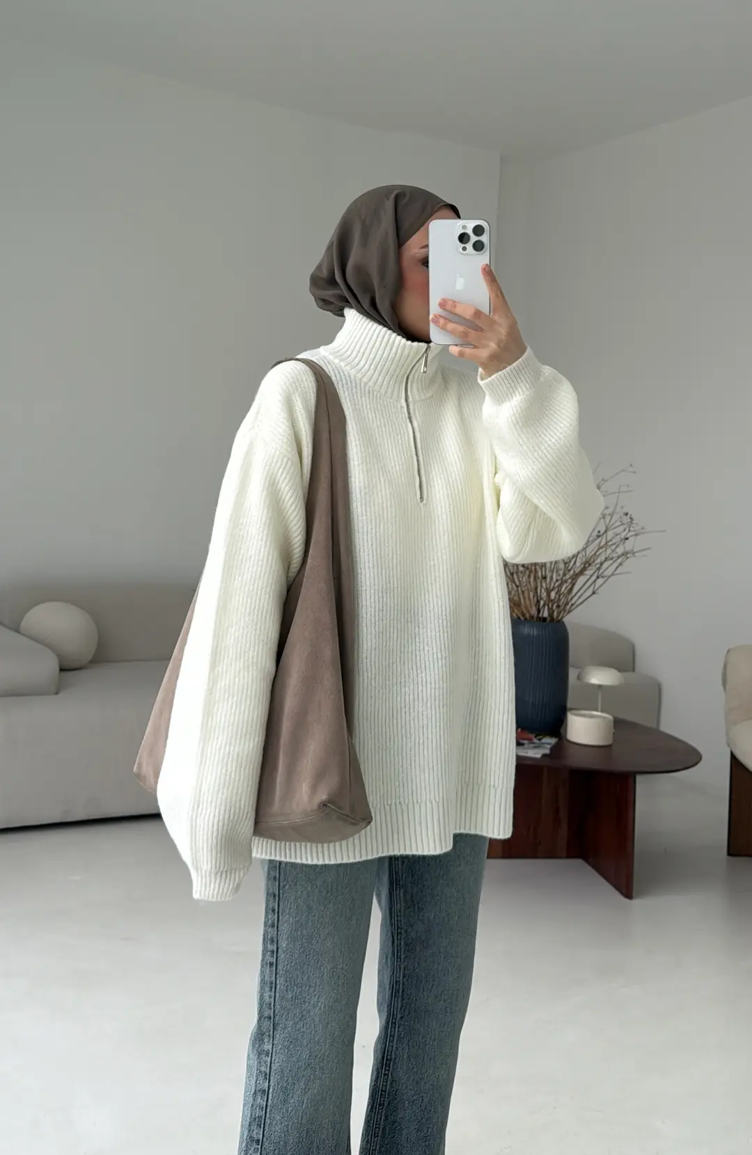 Yarım Zip Triko Kazak Kırık Beyaz