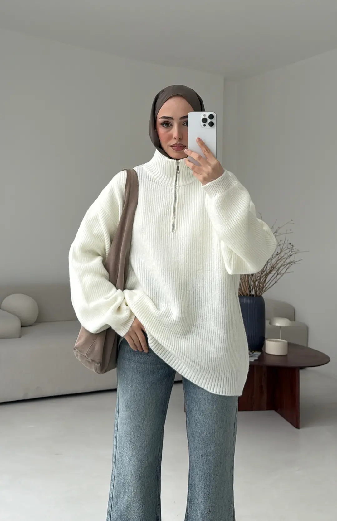 Yarım Zip Triko Kazak Kırık Beyaz - Görsel 7