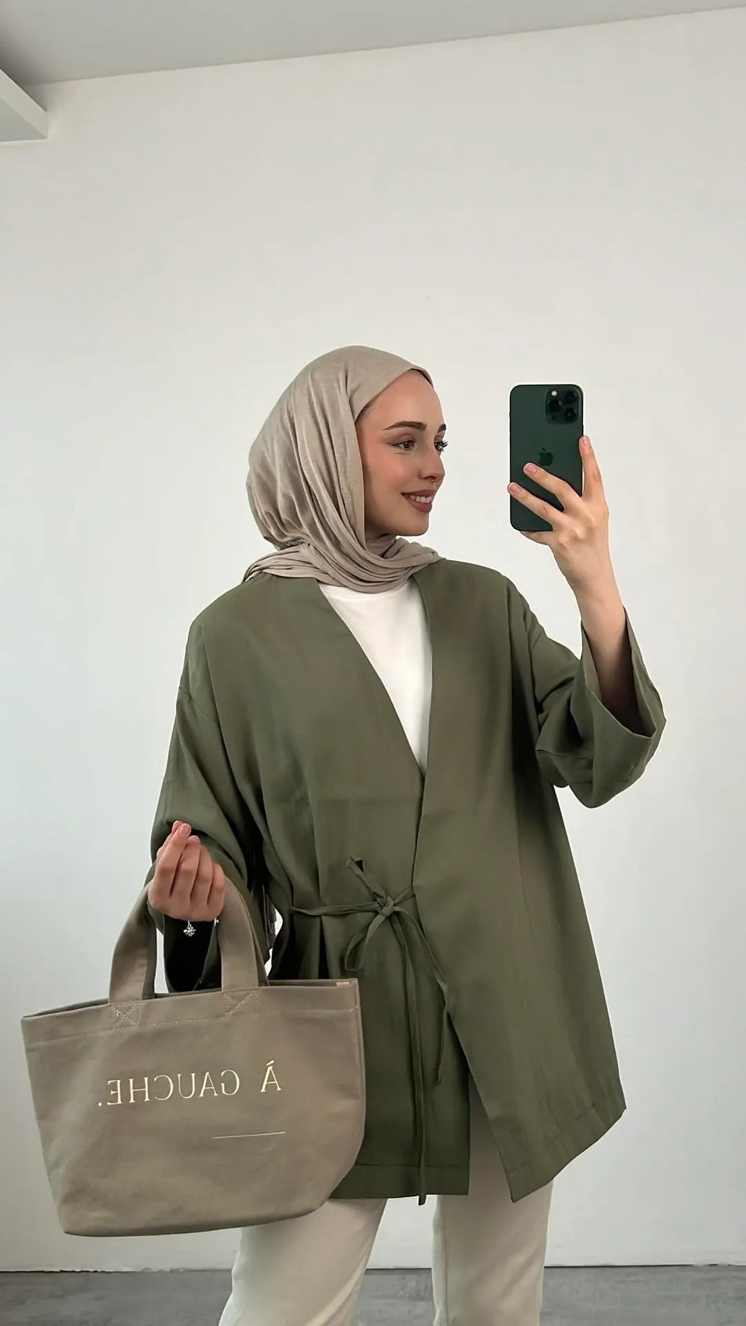 Yazlık Kumaş Yandan Bağlamalı Kimono Haki