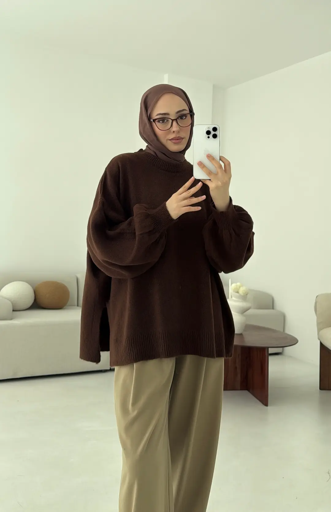 Yırtmaç Detay Balon Kol Kazak Kahve