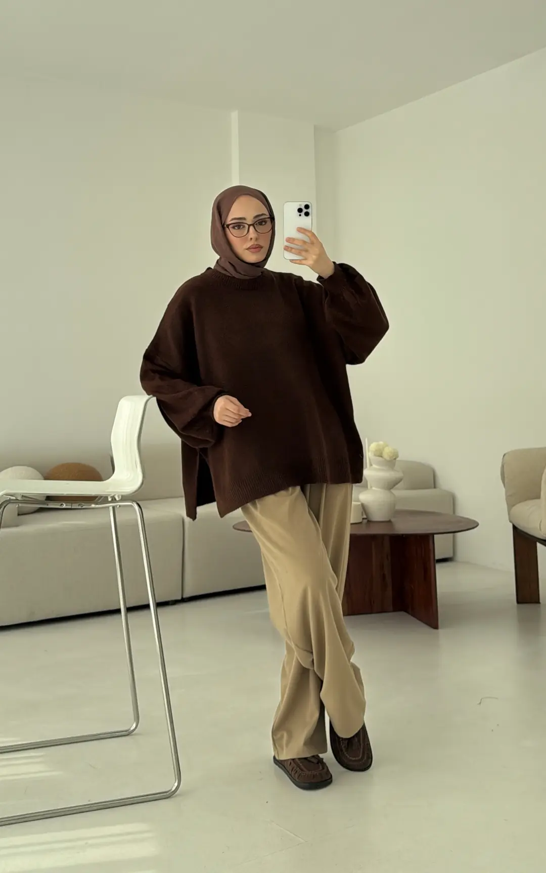 Yırtmaç Detay Balon Kol Kazak Kahve - Görsel 3