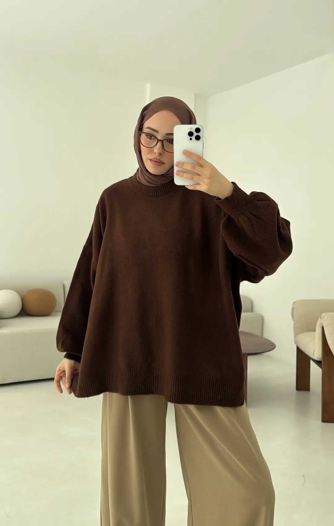 Yırtmaç Detay Balon Kol Kazak Kahve - Görsel 6