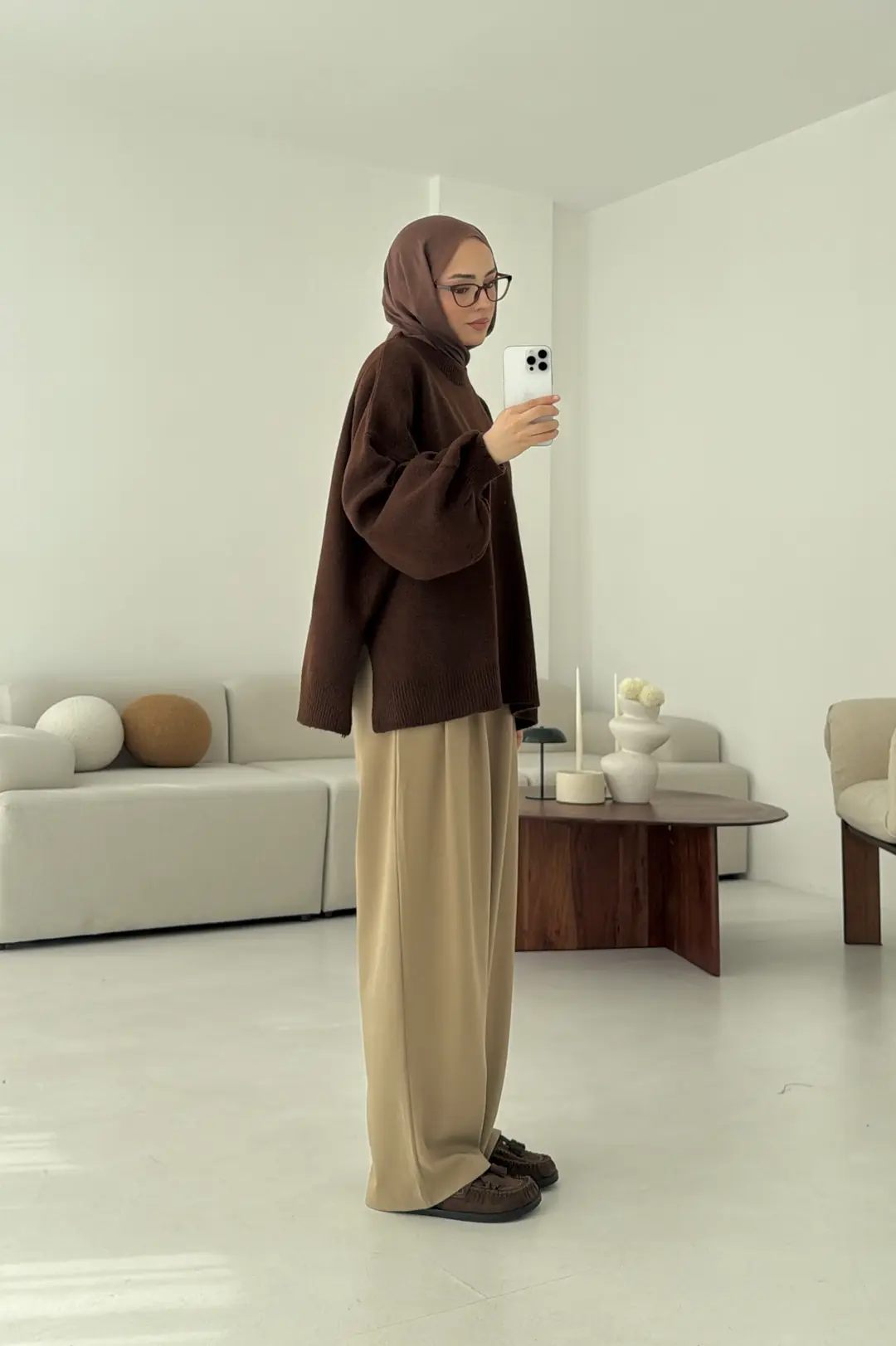 Yırtmaç Detay Balon Kol Kazak Kahve - Görsel 7